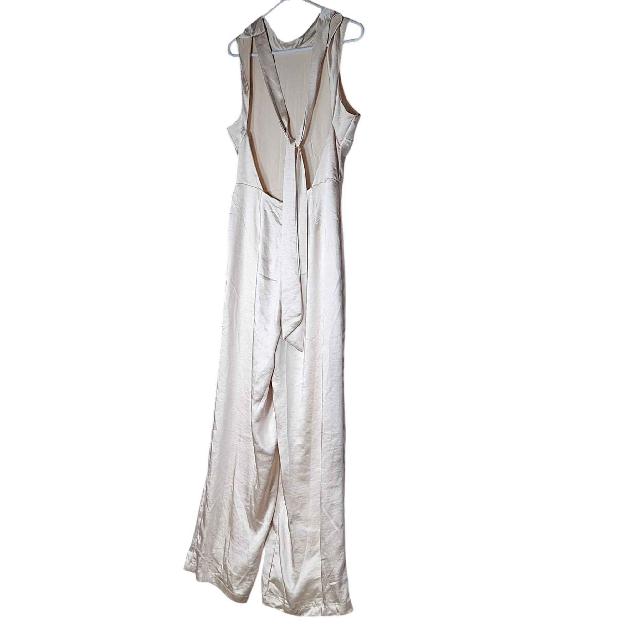 Lulus Lulus Champagne Satin Wide Leg Jumpsuit Size L Open Back Tie Size L / US 10 / IT 46 - 2 Thumbnail