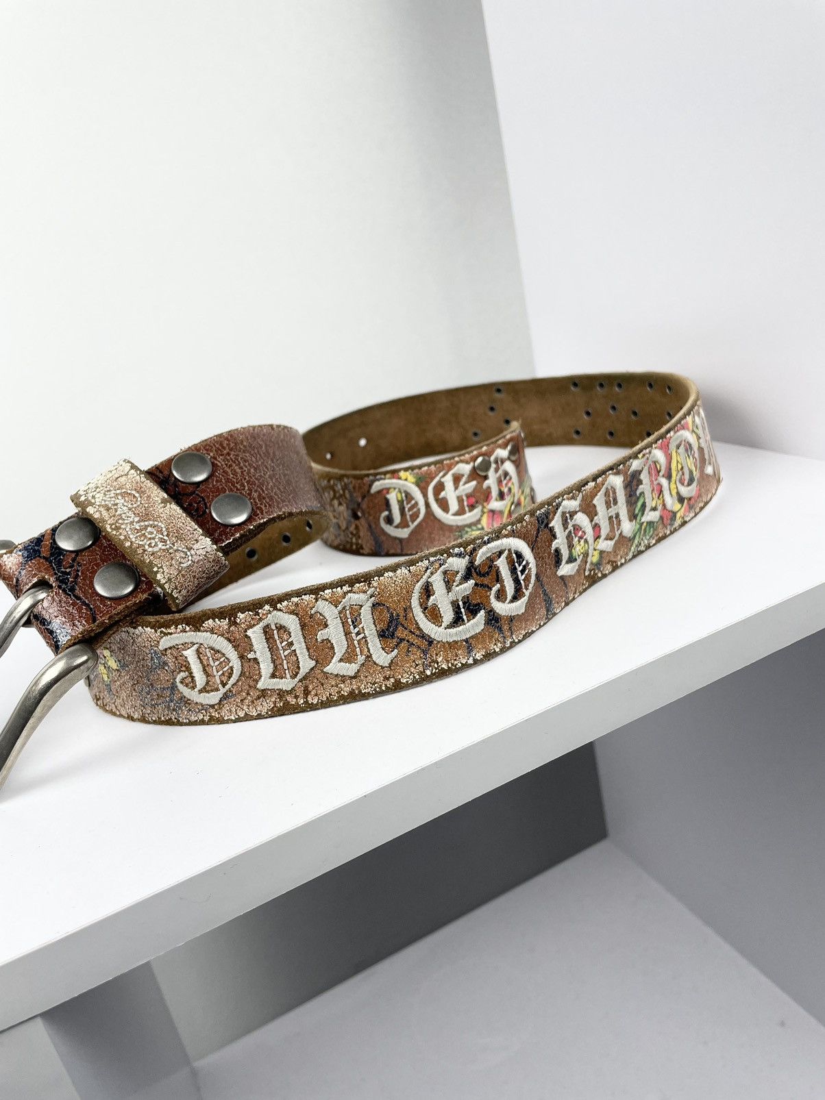 Ed Hardy Vintage Ed Hardy Graphic Printed Y2k Leather Skull Punk Belt Size 36 - 1 Thumbnail