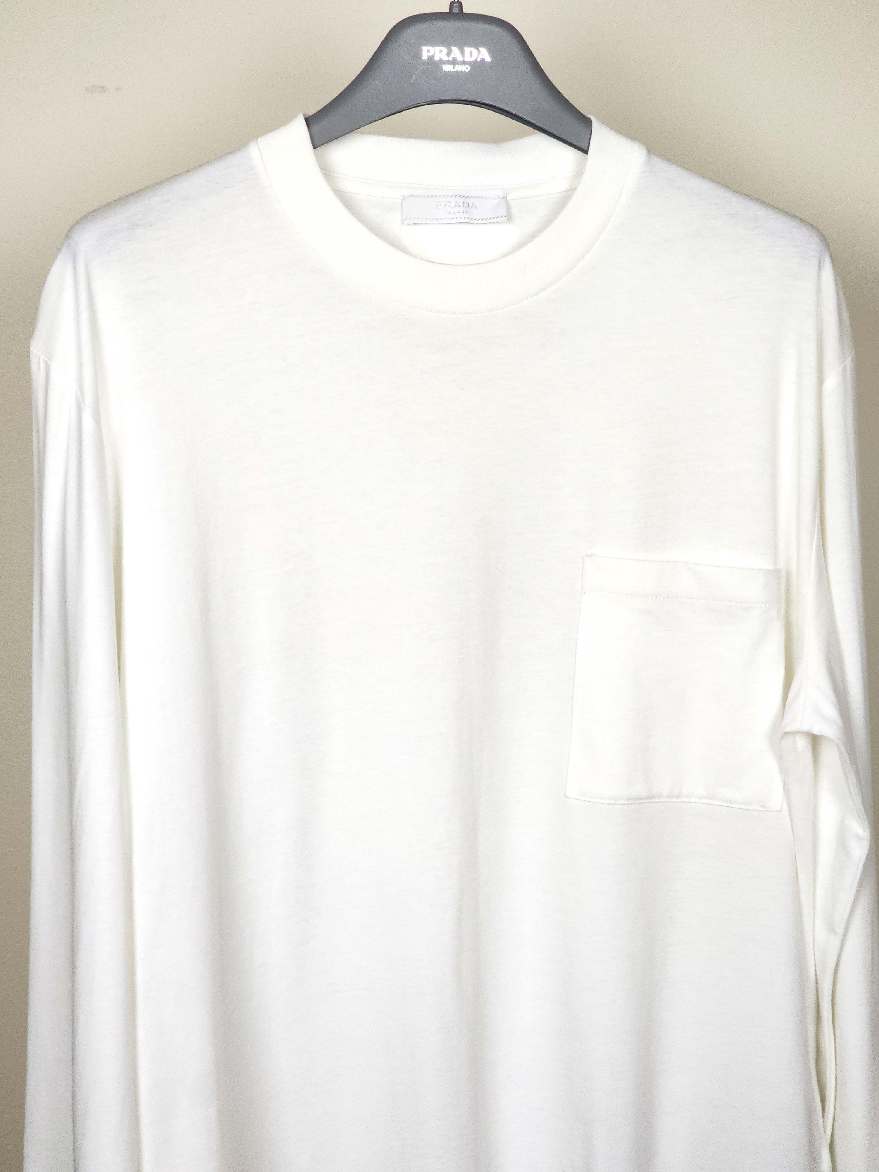 Prada White Long Sleeve Cotton Logo Patch Pocket T-Shirt Size L / US 10 / IT 46 - 3 Thumbnail