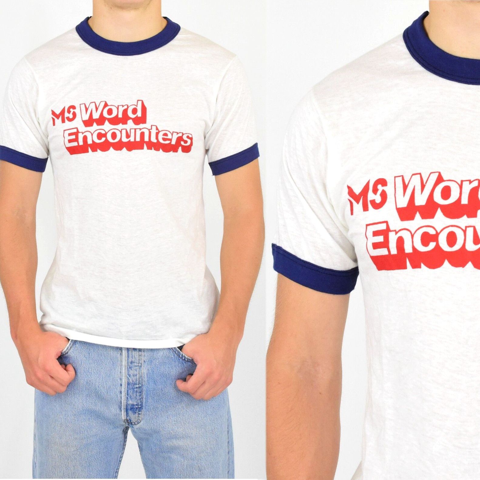 image of 80's Vintage Ms Word Encounters T Shirt S Screen Stars Computer Geek Ringer Tee in White (Size Smal