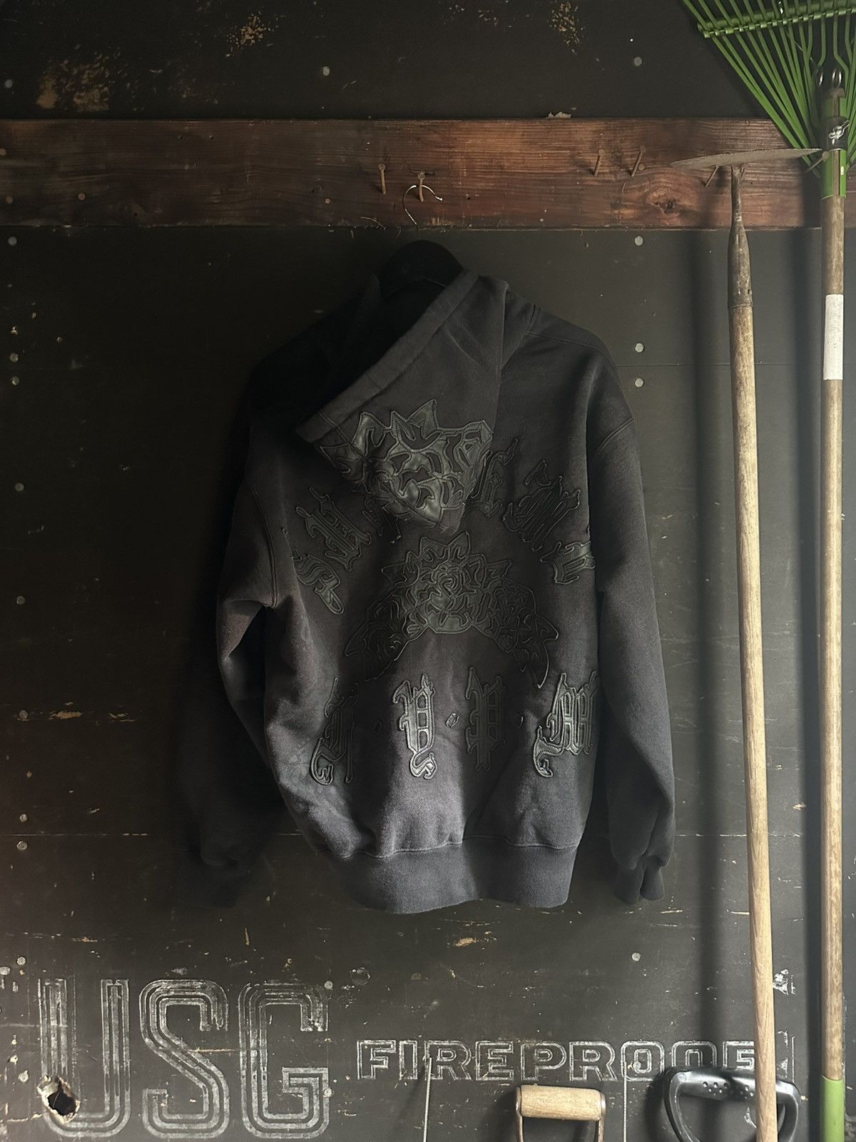 Supreme Leather Appliqué Zip Up Hooded Sweatshirt (black