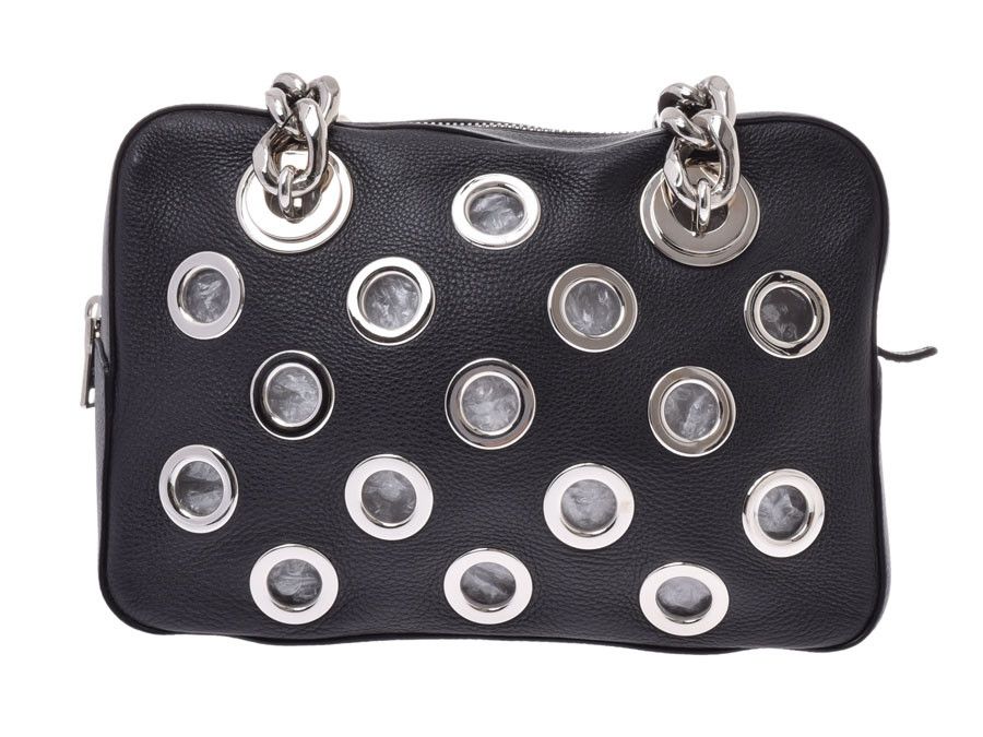 Prada Chain Handbag Punching Outlet Leather Black