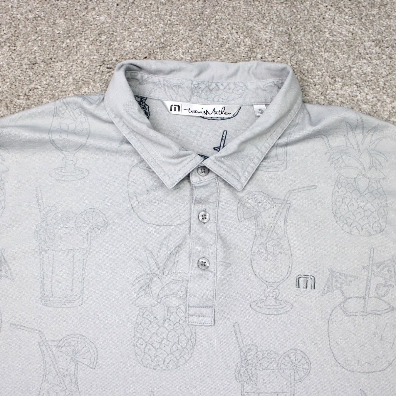 TravisMathew Travis Mathew Polo Shirt Men 2XL Gray Short Sleeve Graphic Print Pineapple Drink Golf S/S Polo Shirt Gr ay 2XL XXL Mens Gear Size US XXL / EU 58 / 5 - 6 Thumbnail