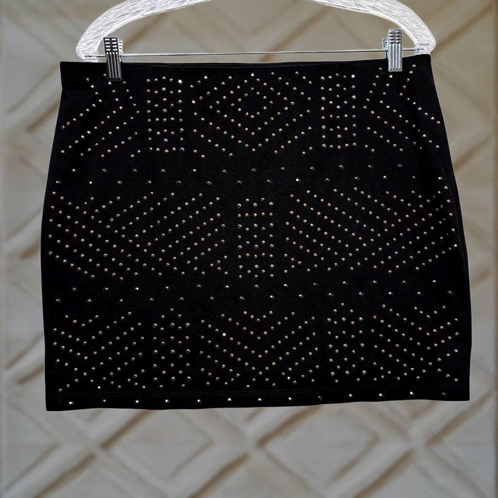 Express Express Black Stretch Mini Skirt L Studded Geometric Night Out Party/Cocktail Womens L Size 36" / US 14 / IT 50 - 1 Thumbnail