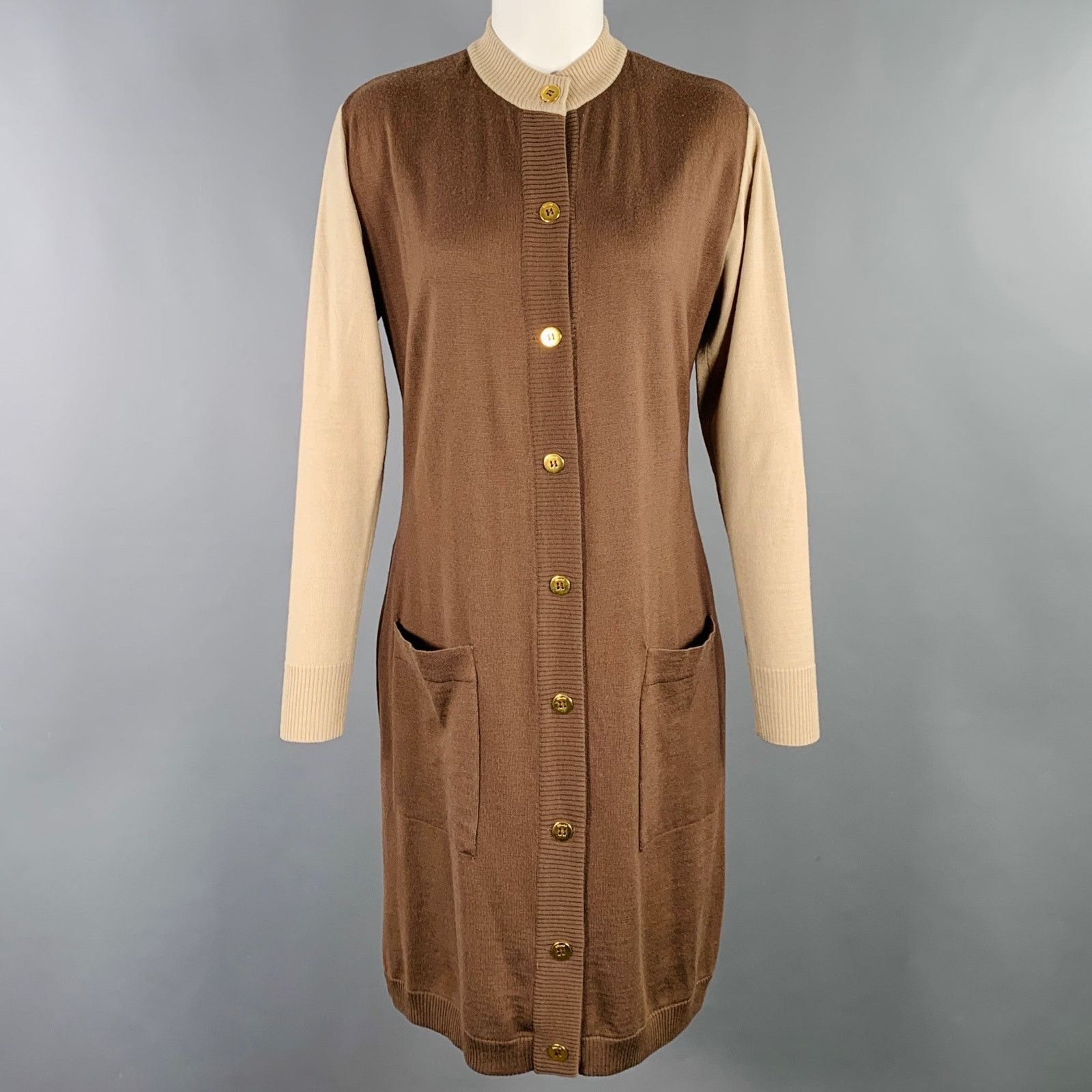 CELINE Size M Brown Beige Color Block 2 Pockets Cardigan