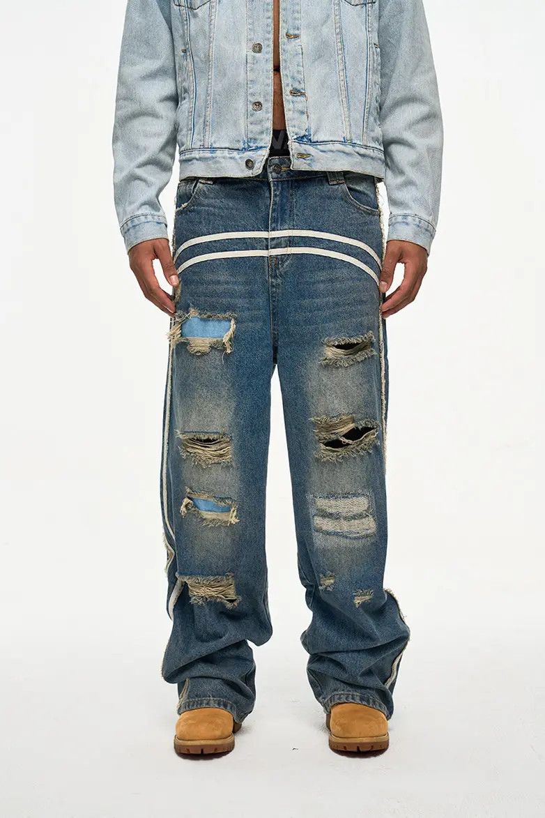 Japanese Brand × Jean Stripe Track Baggy Distressed Denim Jeans, Ripped Jeans Size US 30 / EU 46 - 6 Thumbnail