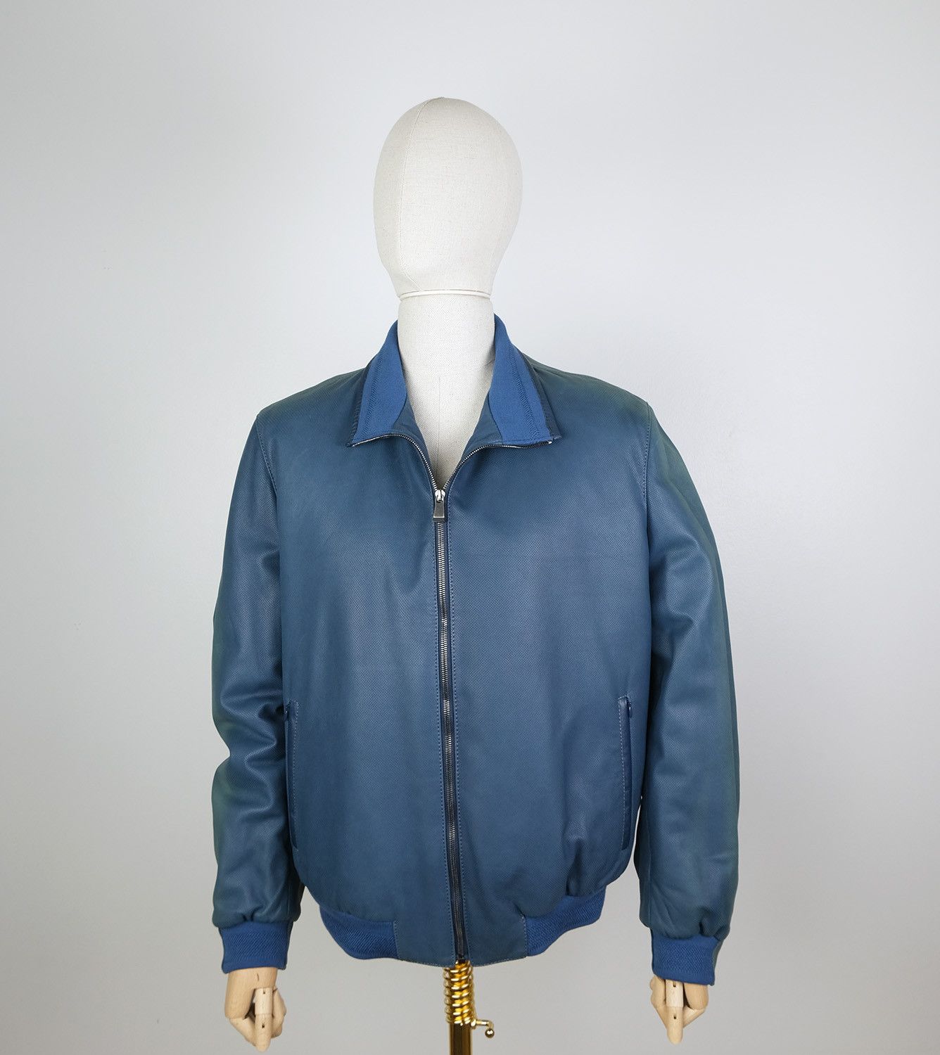 image of NWT Latini, Blue Leather Jacket, Size 56, Rrp 800 E, Flannel, Men's
