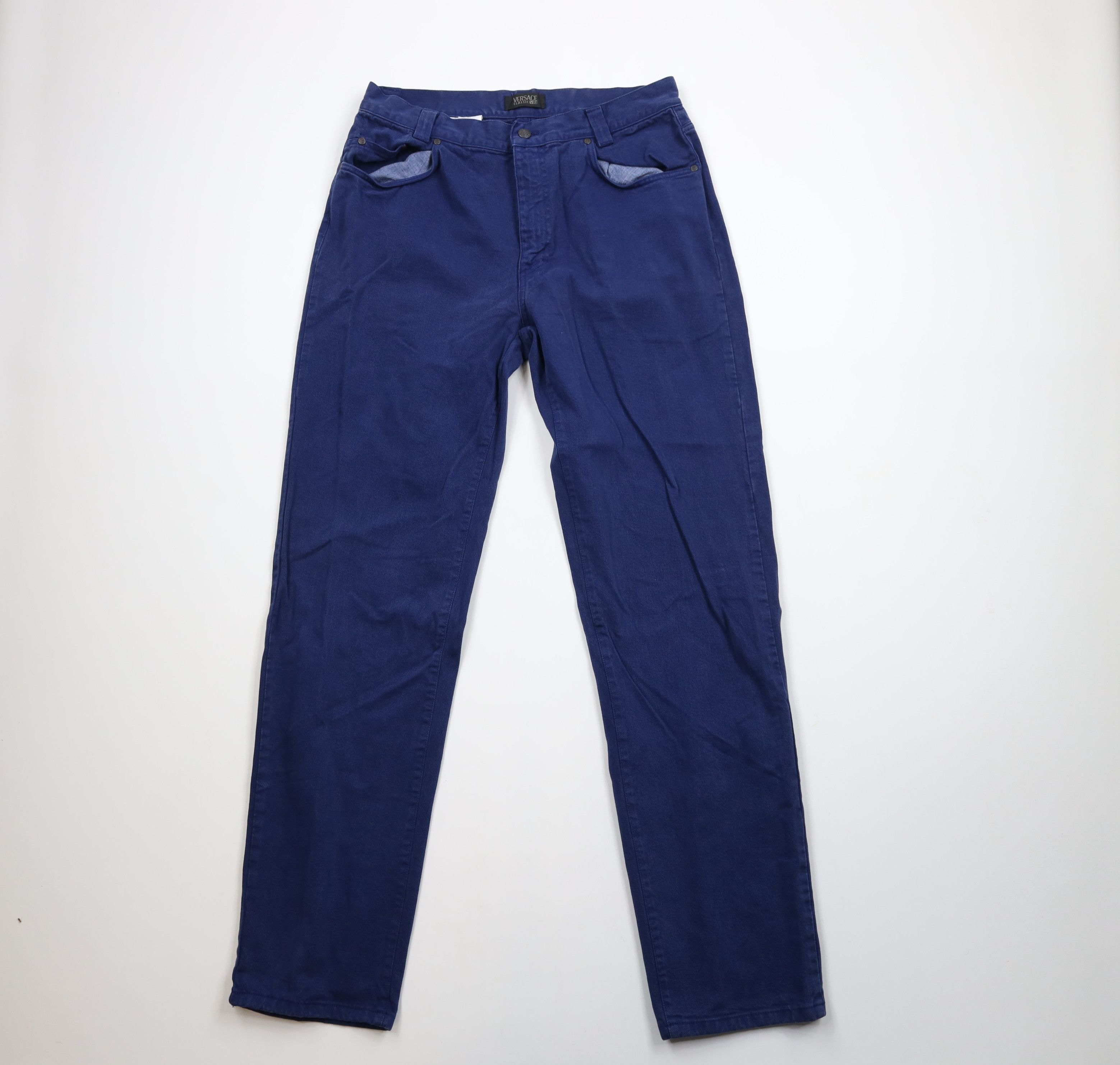 Vintage 90s Versace Spell Out Tapered Leg Denim Jeans Blue