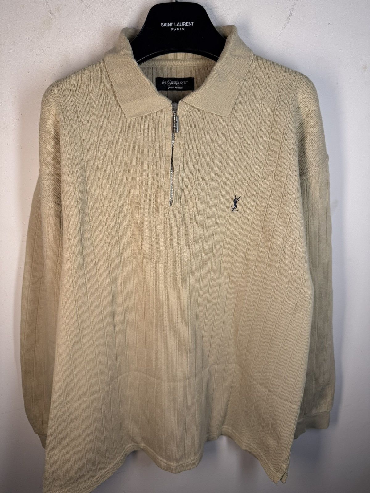 Yves Saint Laurent 90s Beige YSL Sweatshirt 1/4 Quarter Zip Sweater Rugby Shirt Size US L / EU 52-54 / 3 - 3 Thumbnail