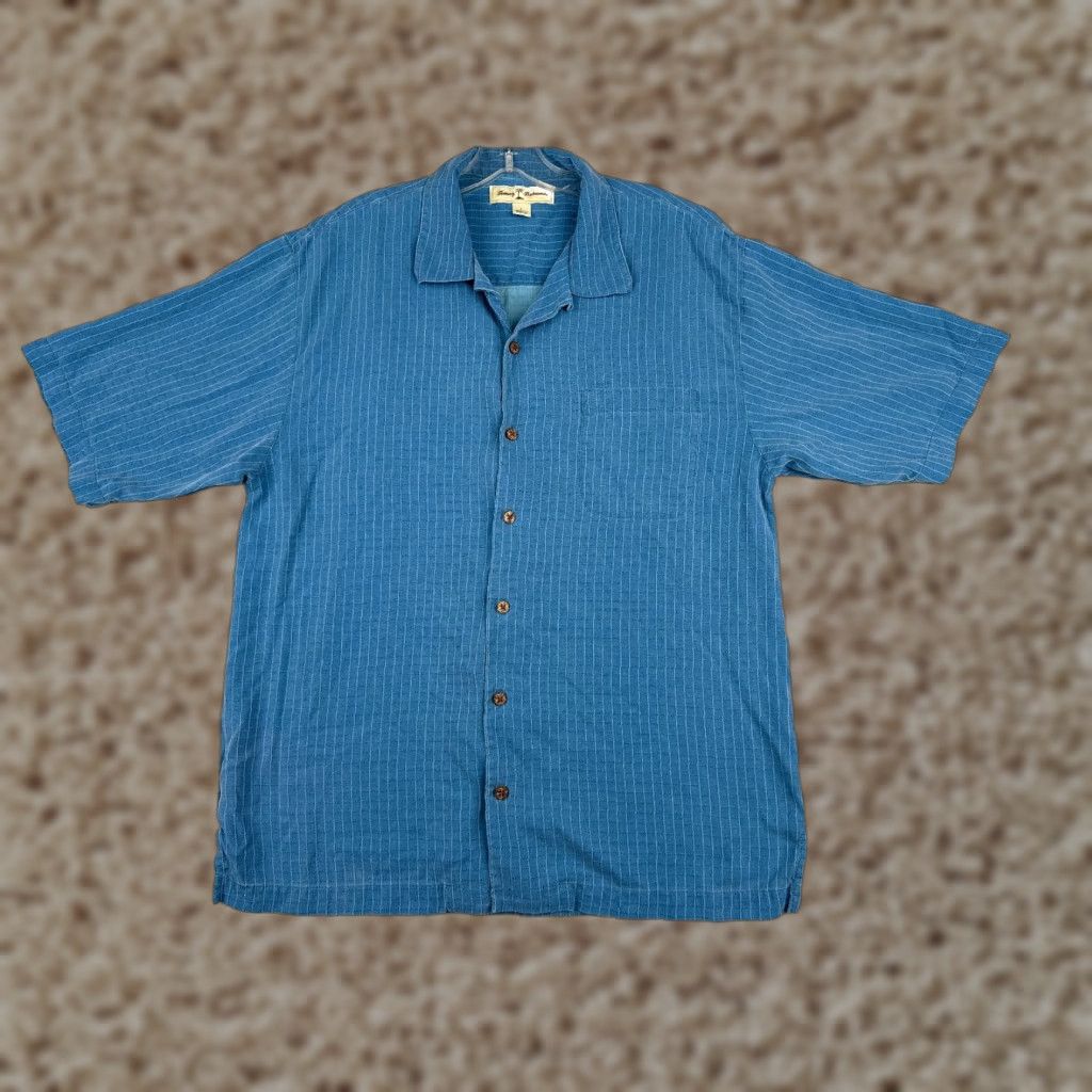 Tommy Bahama Tommy Bahama Shirt Men Large Silk Hawaiian Button-Up Blue Stripe Short Sleeve Aloha Vacation Mens Size US L / EU 52-54 / 3 - 1 Thumbnail