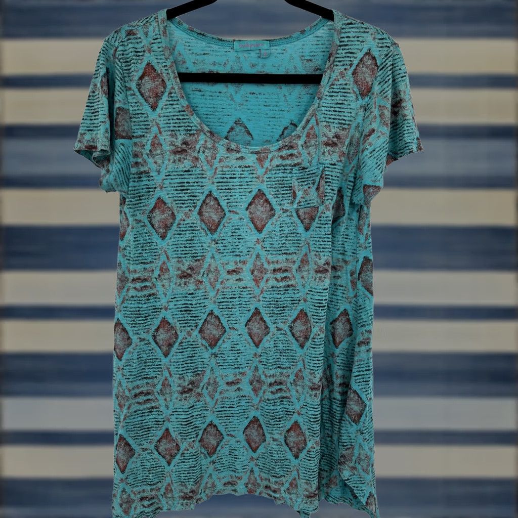 Vintage Fresh Produce Shirt Womens Medium Blue Geometric Diamond Print Boho Pocket Tunic Size M / US 6-8 / IT 42-44 - 1 Thumbnail