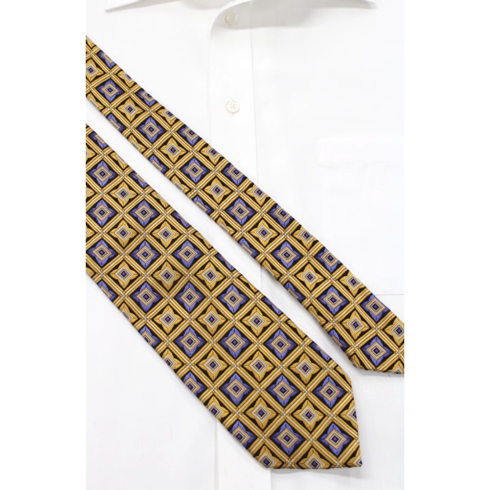 Vintage J Z Richards Silk Necktie Men's Yellow Gold Blue Squares Tie Handmade USA Size ONE SIZE - 4 Thumbnail