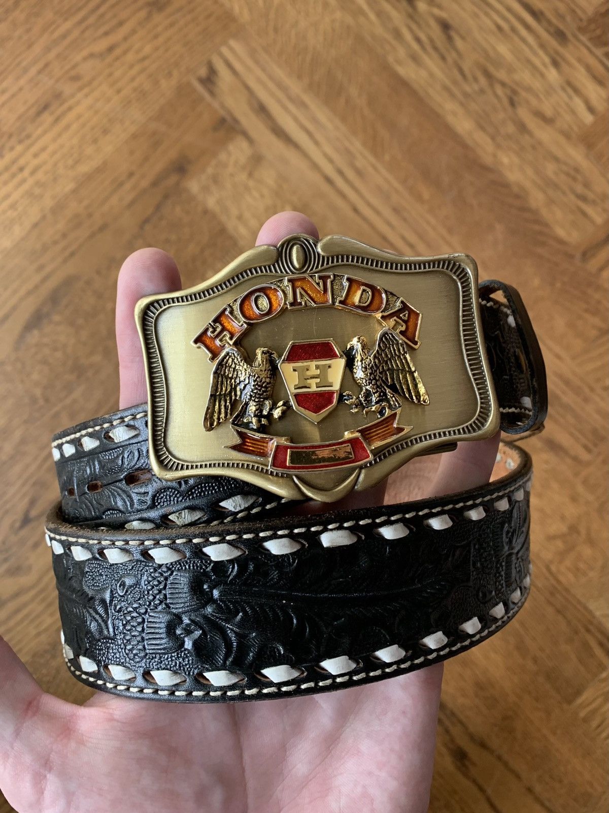 1970s Honda Tooled Leather Belt Vintage Tony Lama 38 Motor