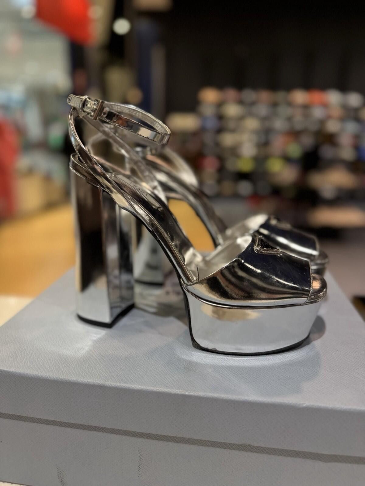 Prada Prada 135mm Metallic Silver Logo Platform Sandal Heel 39.5EU Size US 9.5 / IT 39.5 - 4 Thumbnail