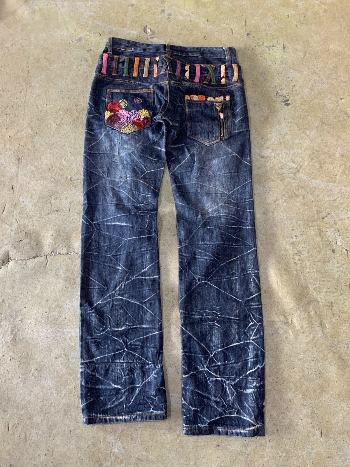 Japanese Brand Jeans Denim, Double Waist Embroidered Floral Print Size M Size 30" / US 8 / IT 44 - 2 Thumbnail