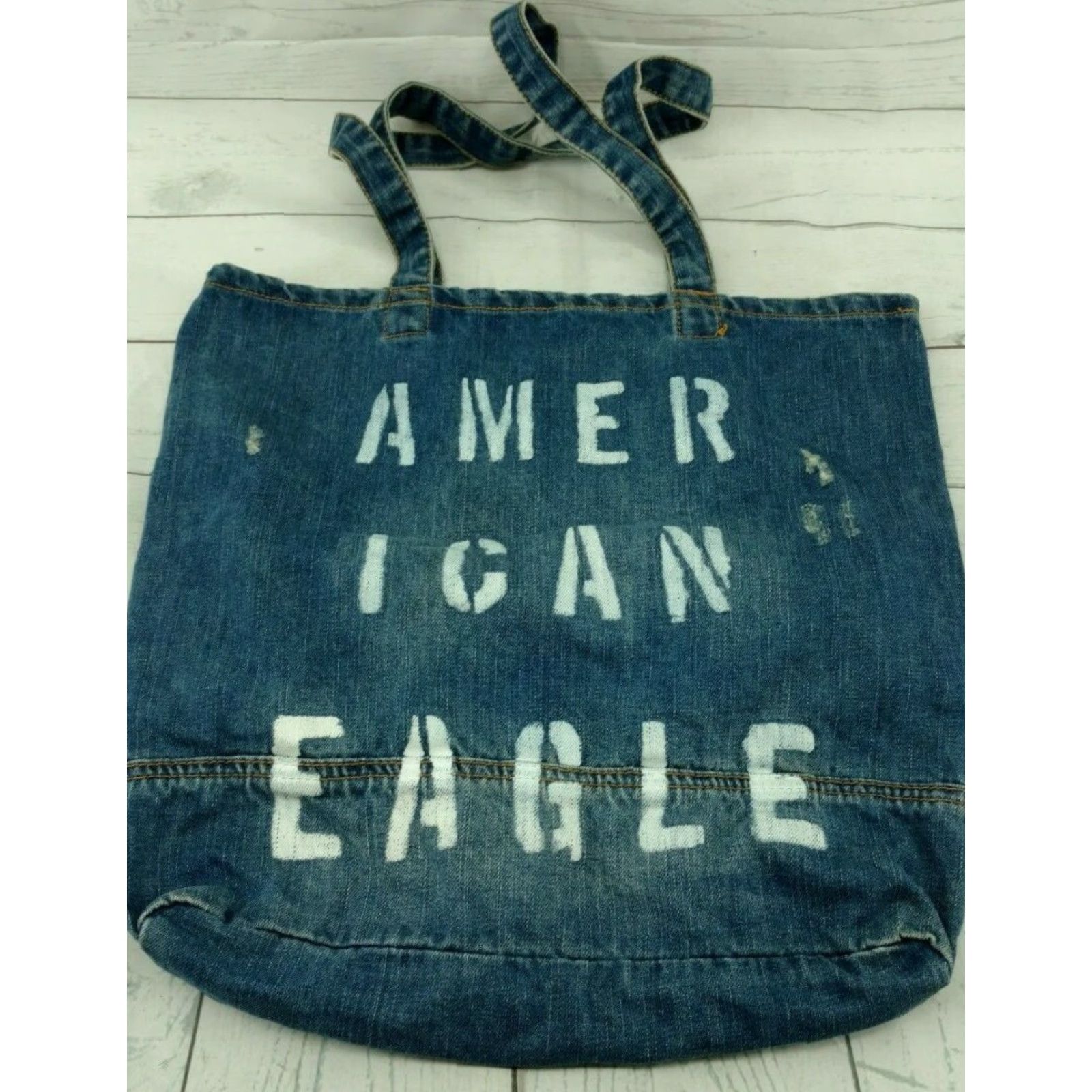 American Eagle Outfitters American Eagle Outfitters Tote Bag 100% Cotton Blue Jean Denim Distressed Reusable Tote Bags Womens Medium Blue Denim Size 32" / US 10 / IT 46 - 2 Thumbnail