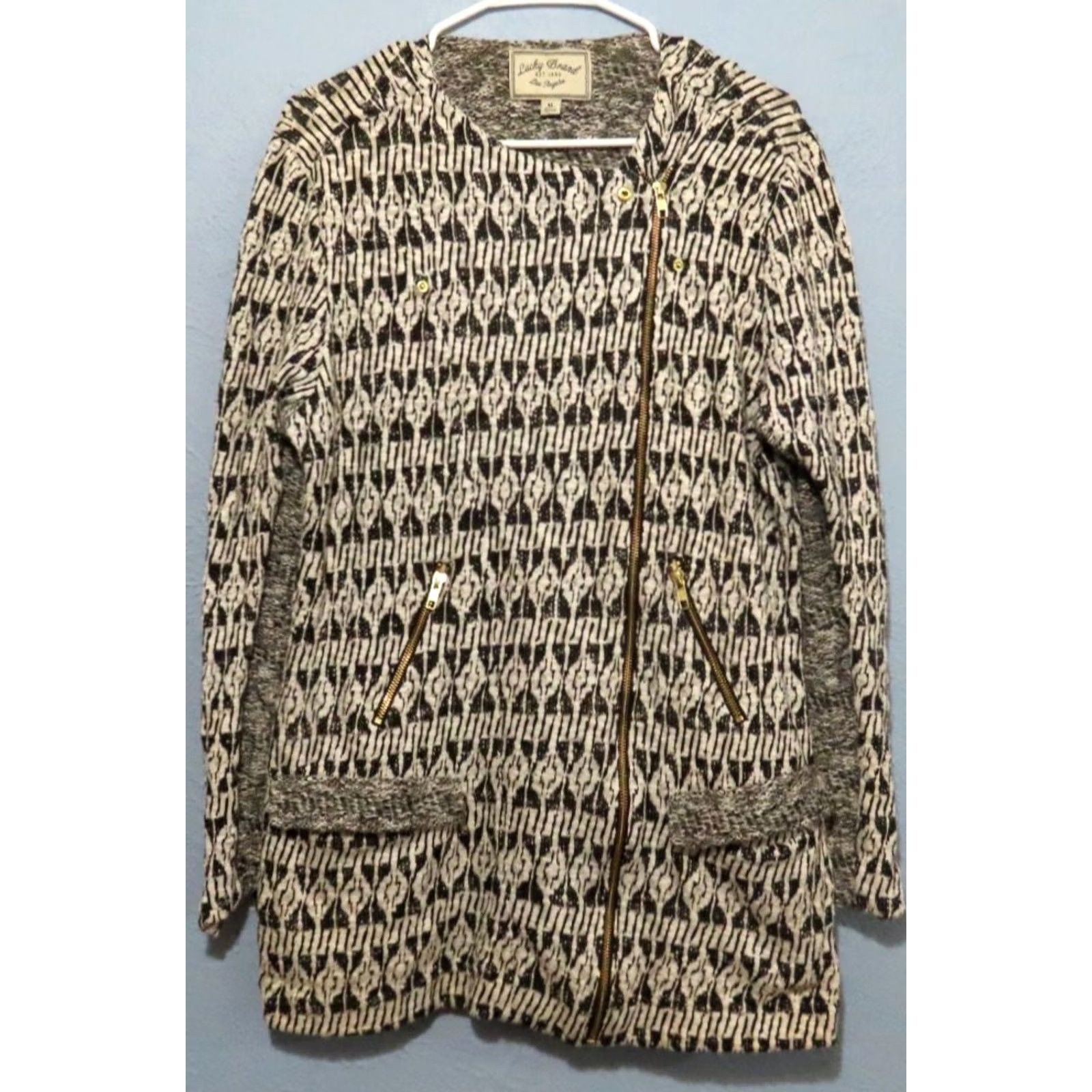 Lucky Brand Lucky Brand Long Black/White Knit Full Zip Moto Jacket Womens XL Size XL / US 12-14 / IT 48-50 - 5 Thumbnail