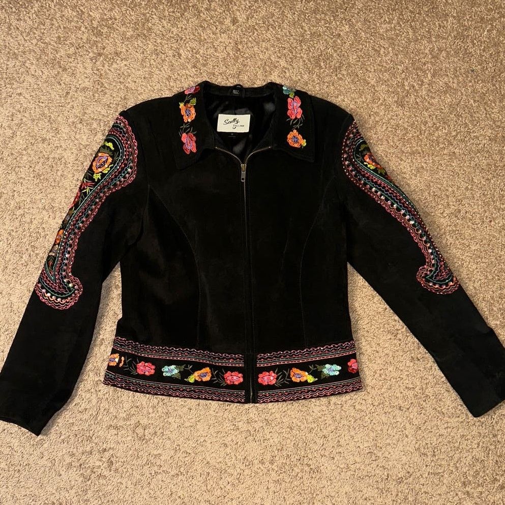 image of Scully Leather Scully Beaded Embroidered Black Suede Jacket Nwot, Women's (Size Small)