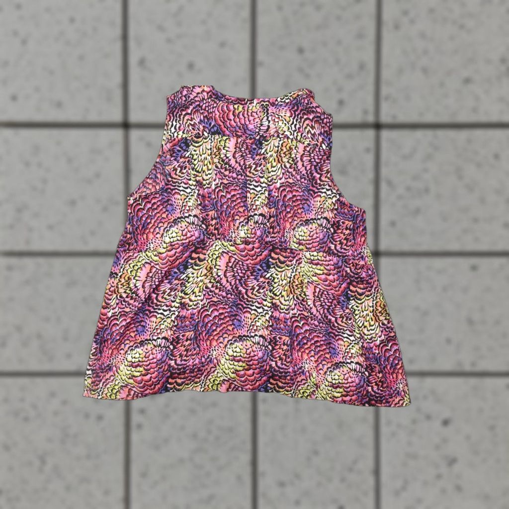 Vintage Lane Bryant Blouse Shirt Women Plus 28 Pink Purple Abstract Shell Top Sleeveless V-Neck Ruffle Polyester Spring Summer Casual White? Size 4XL / US 24-26 - 1 Thumbnail