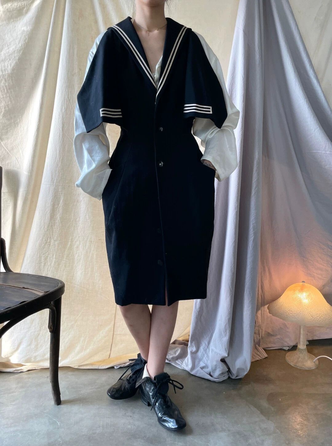 Yohji Yamamoto YOHJI YAMAMOTO 1989FW Navy Waist-Cinched Wool Dress Size S / US 4 / IT 40 - 6 Thumbnail
