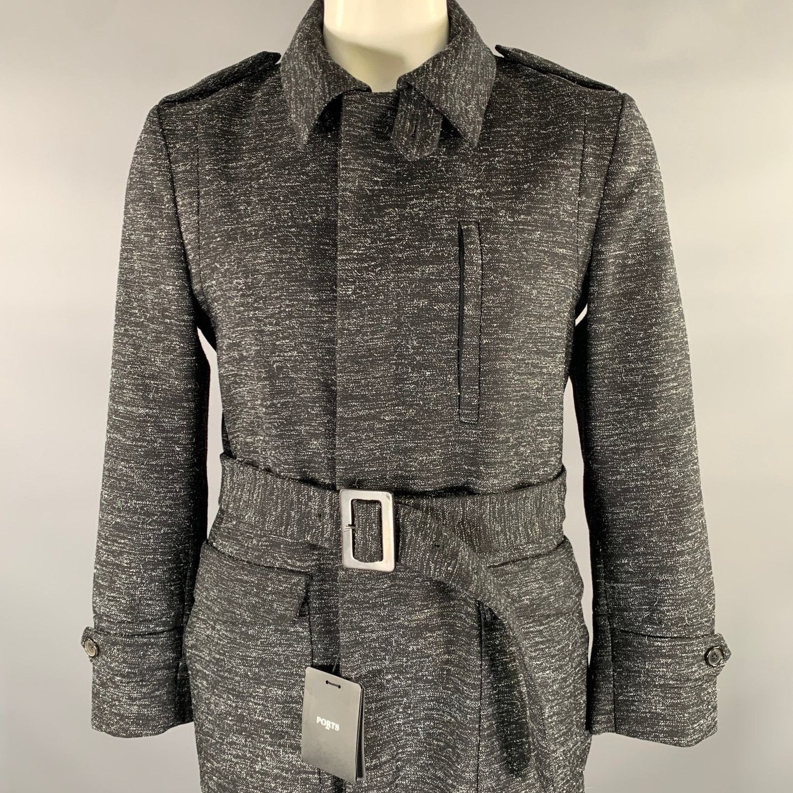 Ports 1961 PORTS 1961 Black White Heather Wool Blend Belted Coat Size US L / EU 52-54 / 3 - 2 Thumbnail