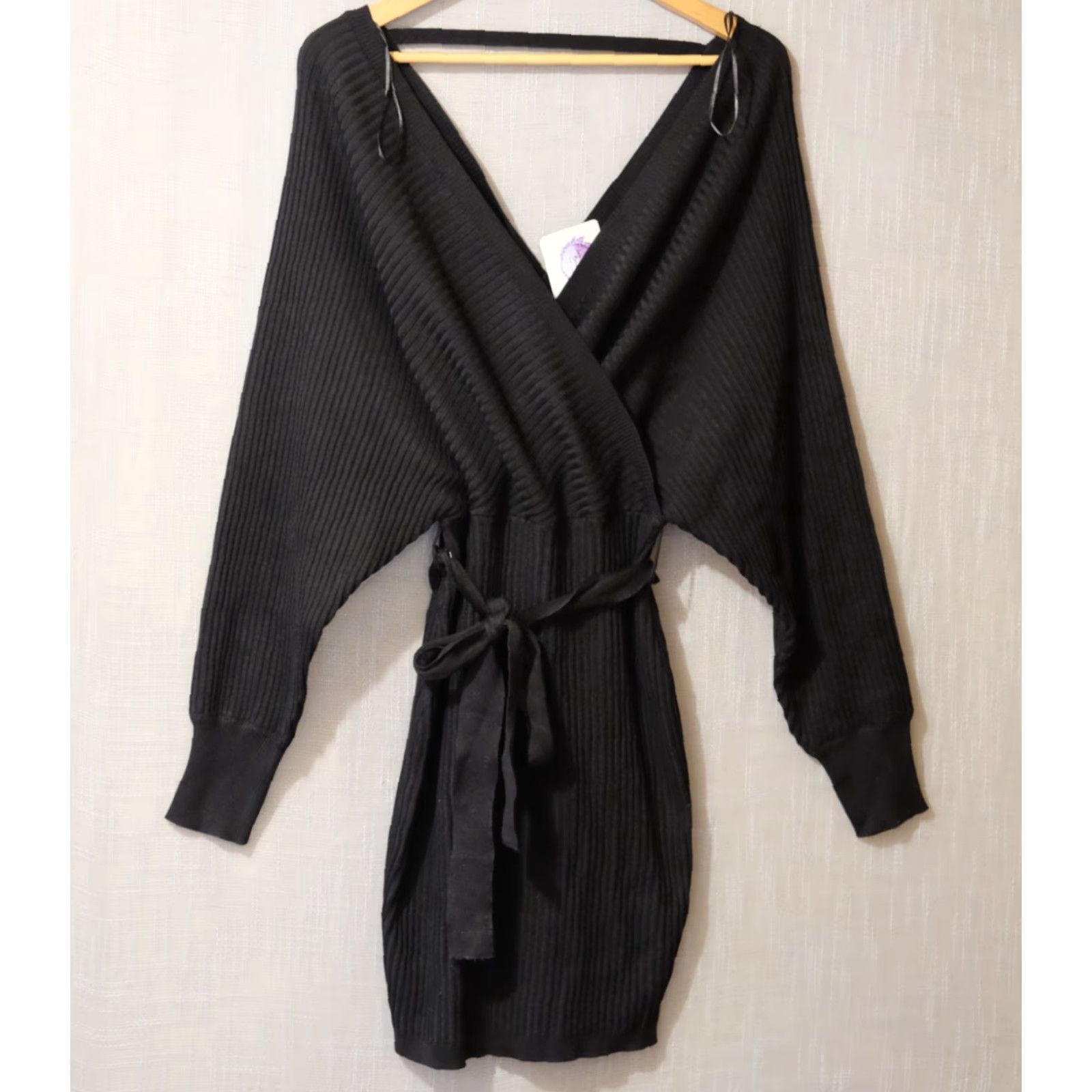 Vintage NWT! Lady Lavender Wrap Sweater Dress w/Waist Tie Black Womens L Dress Size L / US 10 / IT 46 - 2 Thumbnail