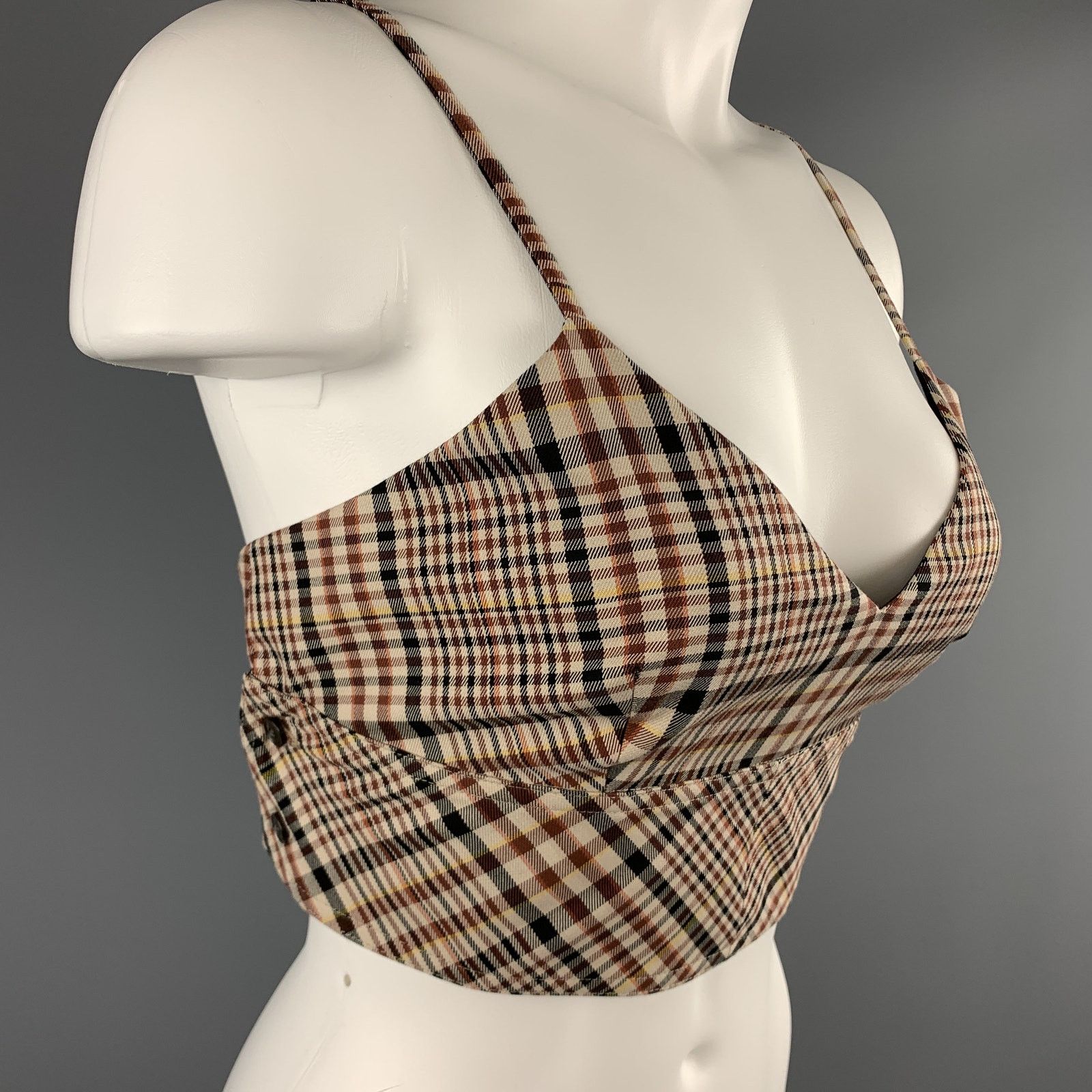 Deveaux 8 Beige & Burgundy Plaid Cotton Shell Bralette Top Size M / US 6-8 / IT 42-44 - 2 Thumbnail