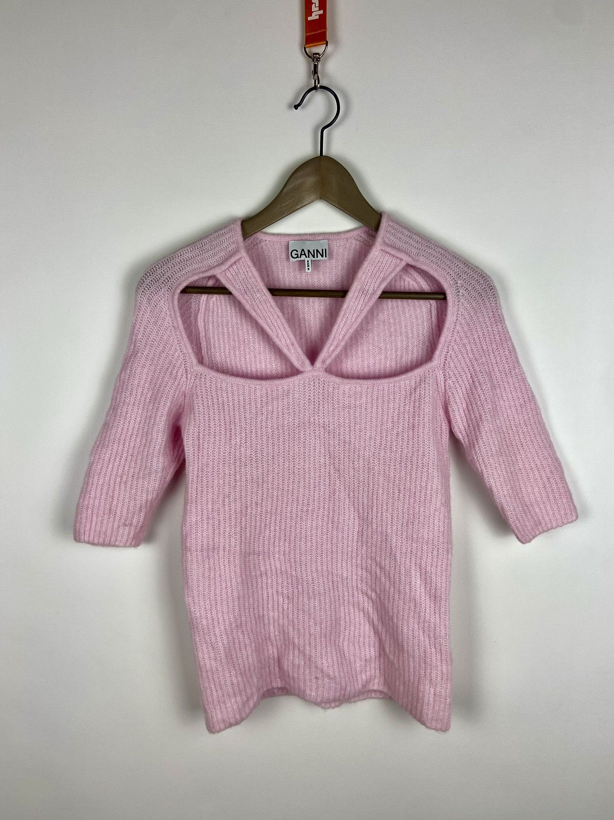 Designer × Ganni RRP$200 Ganni Cutout Ribbed-Knit Pink Womens Sweater Size S / US 4 / IT 40 - 1 Thumbnail