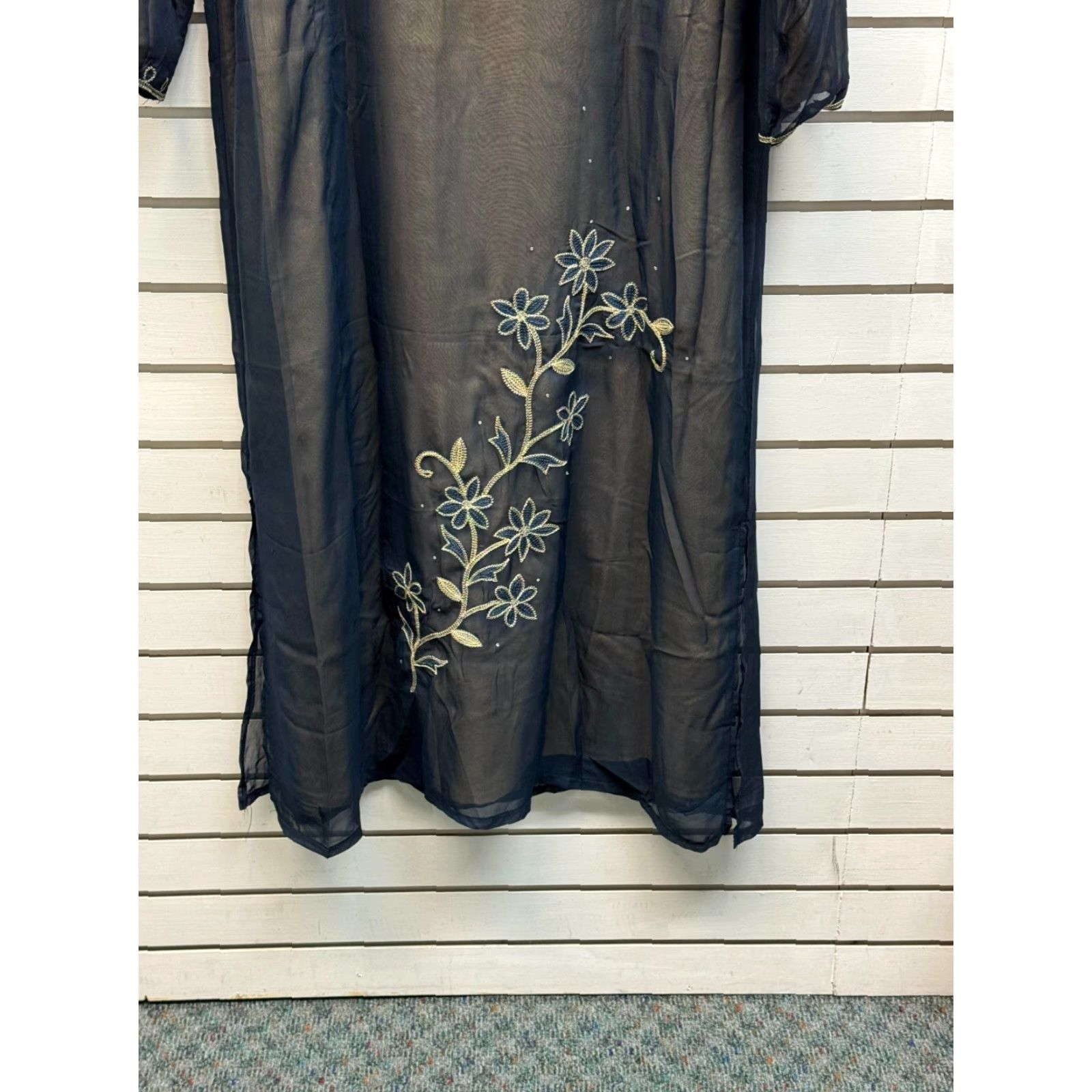 Vintage VINTAGE Sara Kaftan Dress M Abaya Embroidery Blue Sheer Tan Lined Modest Traditional Dress Blue Embroidered Kaftan Maxi Women M Bohemian Warmth Size M / US 6-8 / IT 42-44 - 2 Thumbnail