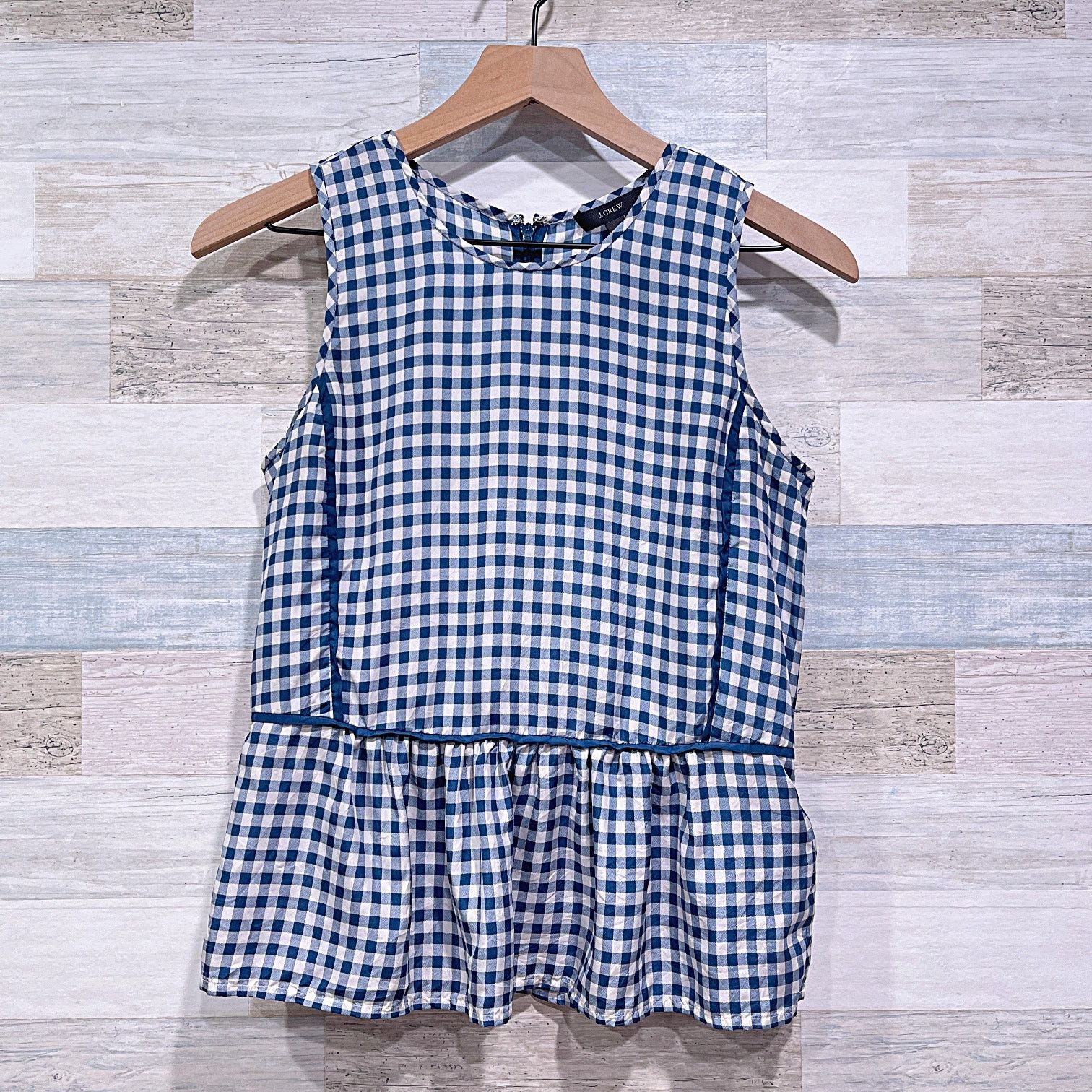 J.Crew J CREW 100% Silk Gingham Ruffle Hem Peplum Top Blue White 0 Size XS / US 0-2 / IT 36-38 - 1 Thumbnail
