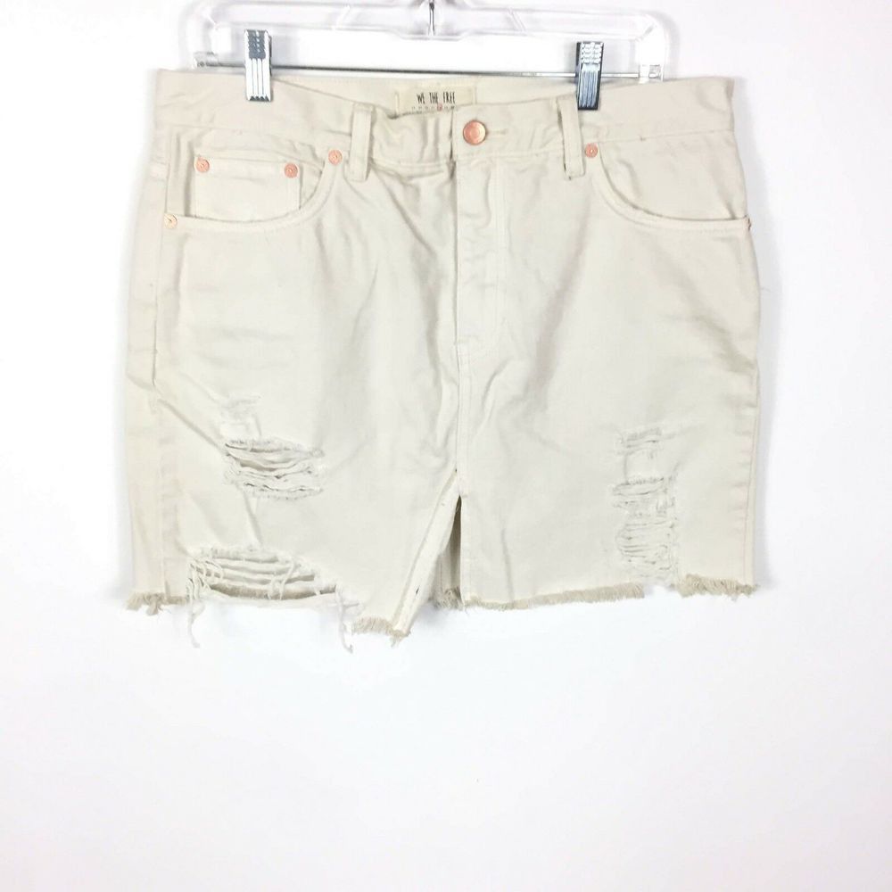 Free People 26 White Denim Mini Skirt Distressed Raw Hem NEW