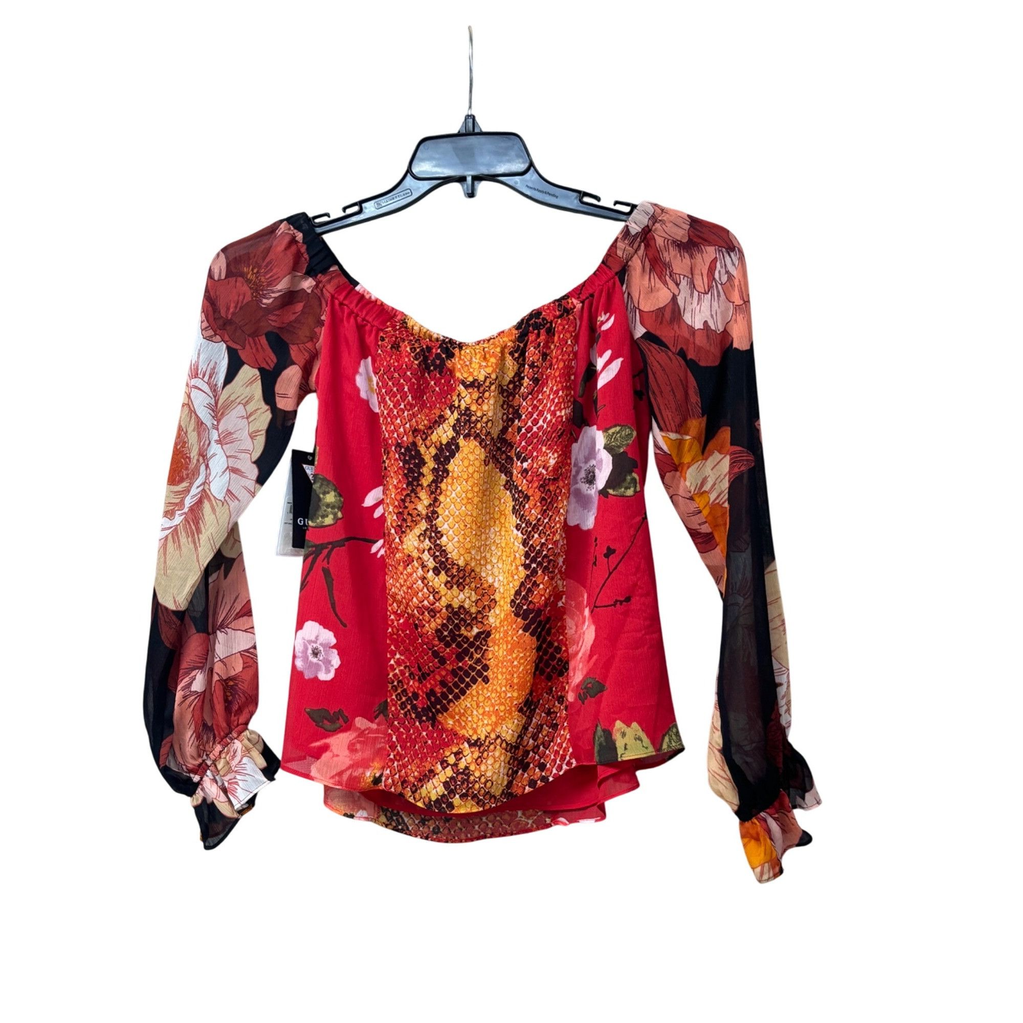 Guess GUESS Pamelia Chiffon Off-The-Shoulder Top, Red-multi, Sz. S Size S / US 4 / IT 40 - 9 Thumbnail
