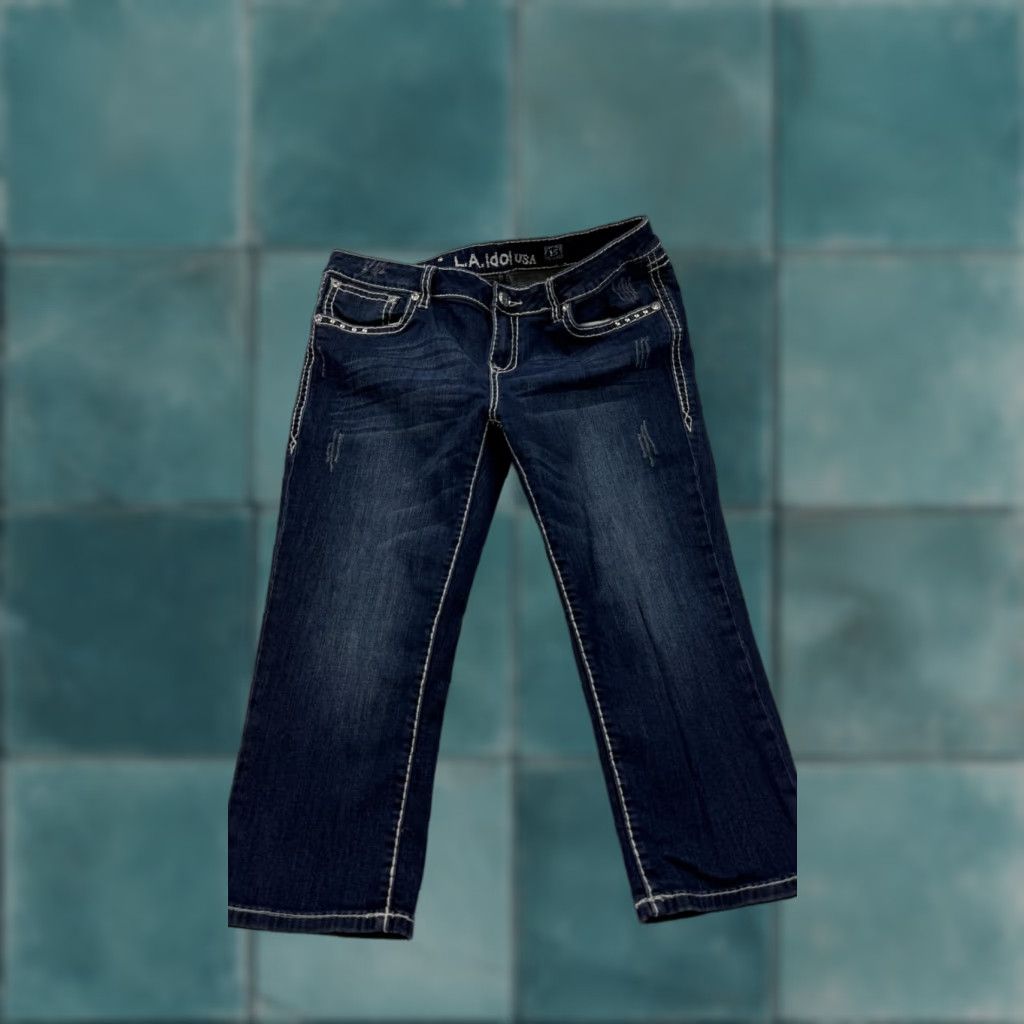 Denime LA Idol Jeans Juniors 15 Blue Capri Embroidered Crown Rhinestone Stretch Denim Size 36" / US 14 / IT 50 - 1 Thumbnail