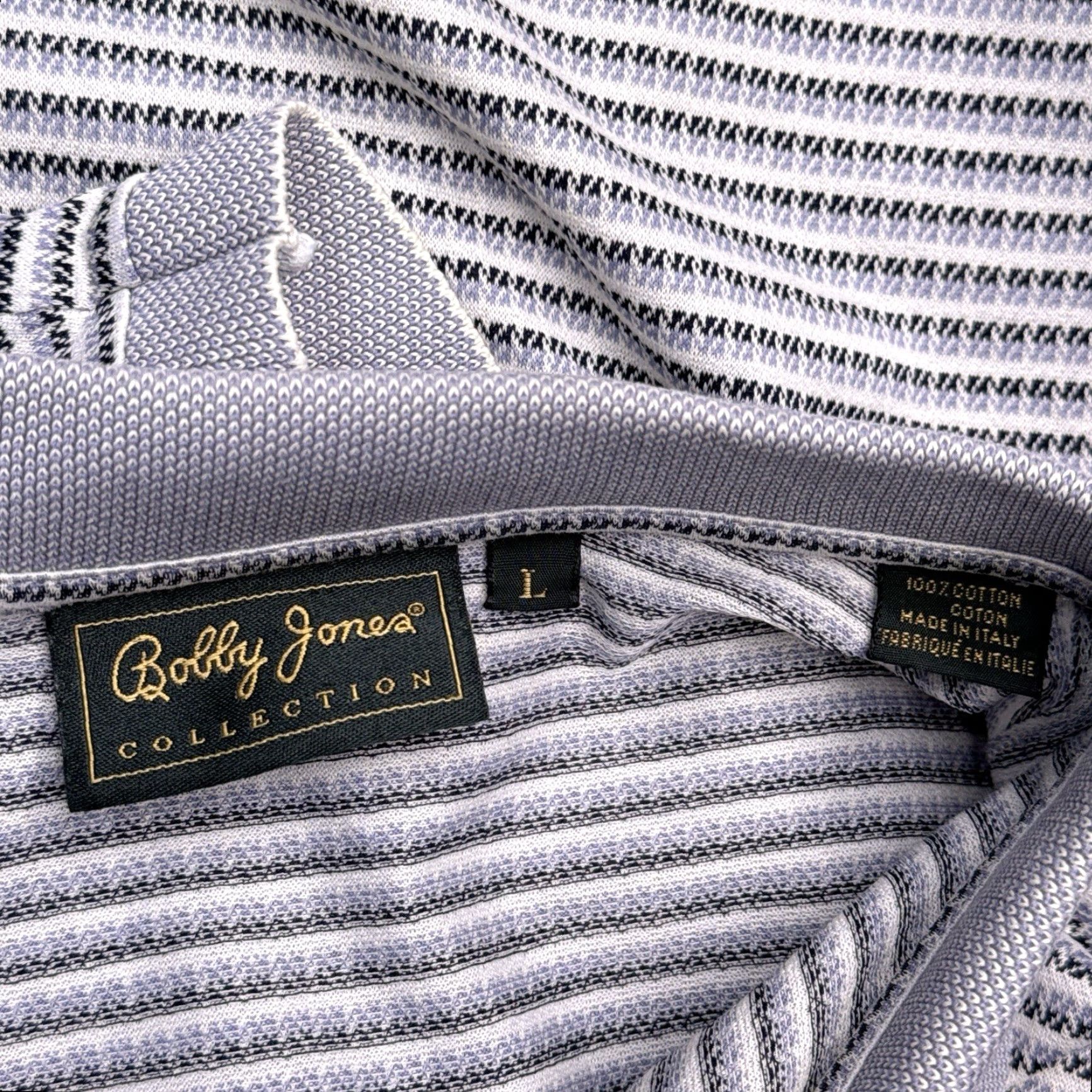 Vintage VINTAGE Bobby Jones Polo Shirt Mens L Gray Striped Italy 90s Golf Button Collar Short Sleeve knit 100% Cotton Classic Size US L / EU 52-54 / 3 - 4 Thumbnail
