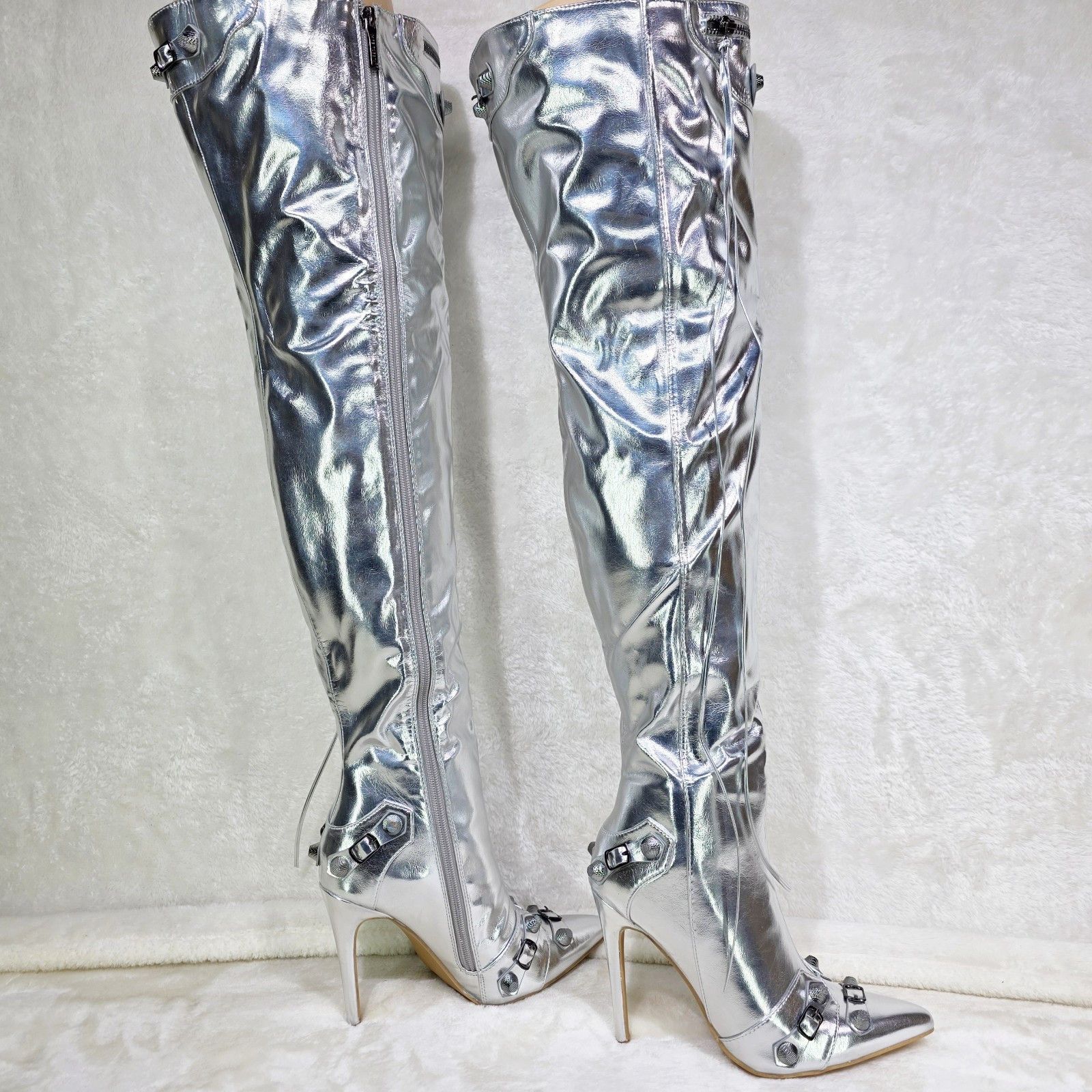 Other Bad Girlz 2 Silver Matte Thigh High Boots 4.5" Heels (Size:7 Size US 7 / IT 37 - 5 Thumbnail