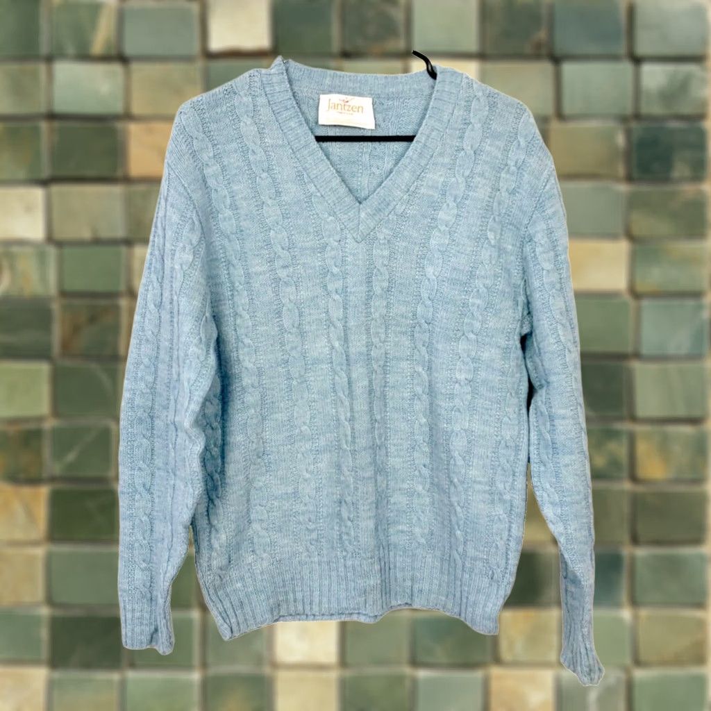 Jantzen VINTAGE Jantzen Blue Cable Knit V-Neck Sweater Mens Medium 1970s Size US M / EU 48-50 / 2 - 1 Thumbnail