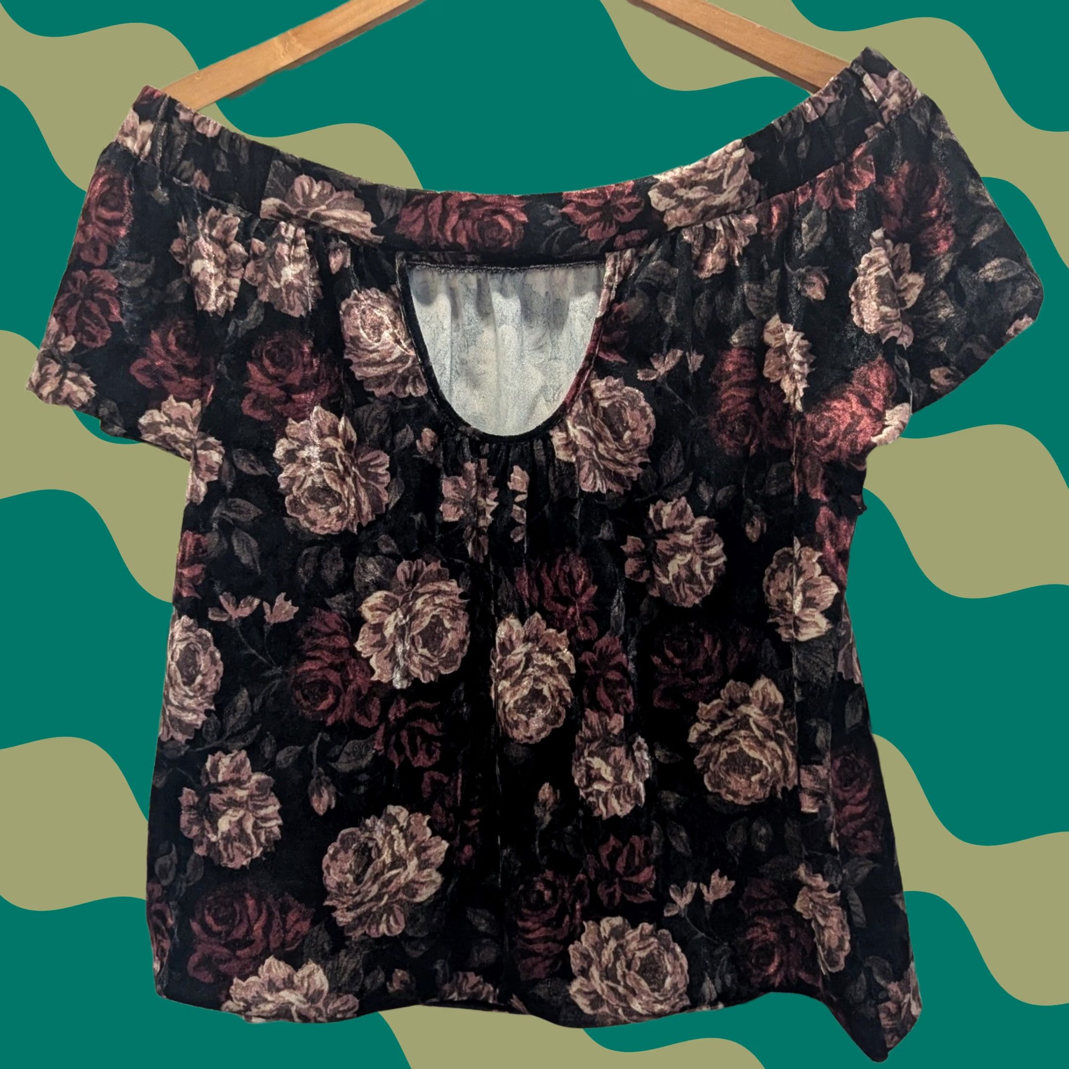 Vintage A. Byer Black Floral Velvet Off Shoulder Cap Sleeve Top Women's L Velvet Off Shoulder Shirt Size L / US 10 / IT 46 - 1 Thumbnail