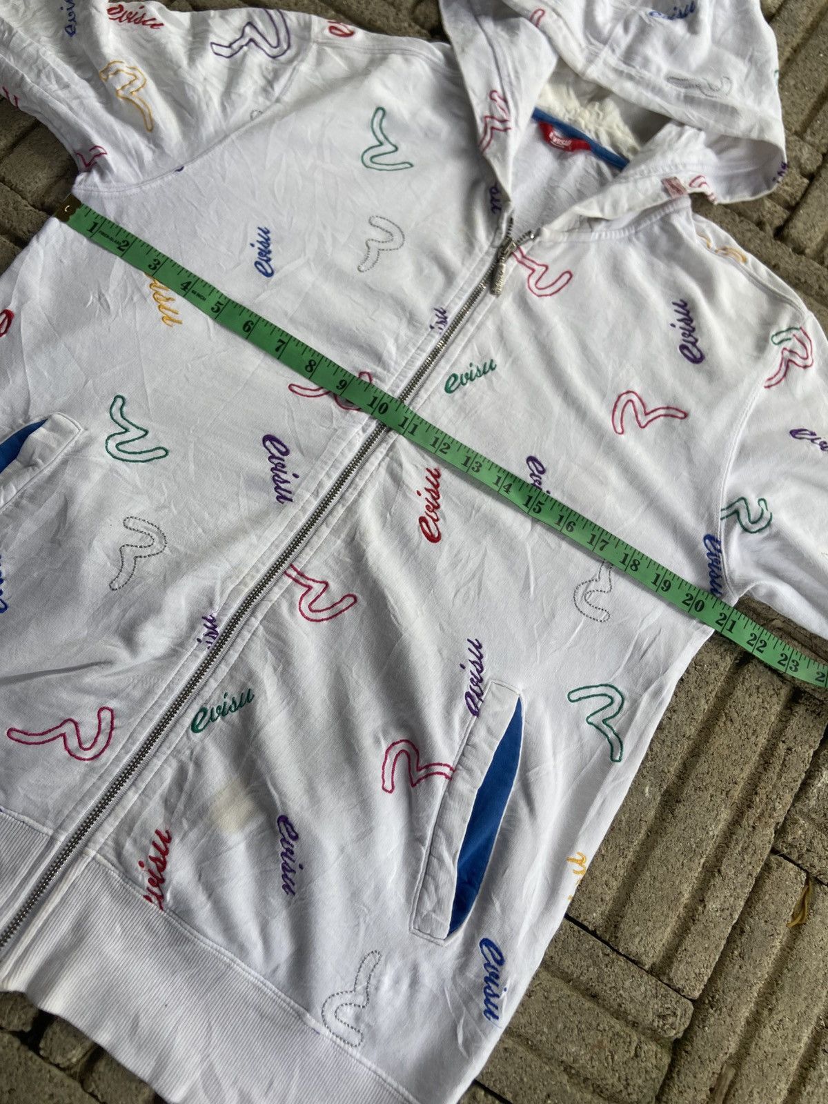 Evisu full-zip hoodie multicolored seagull and logo pattern.