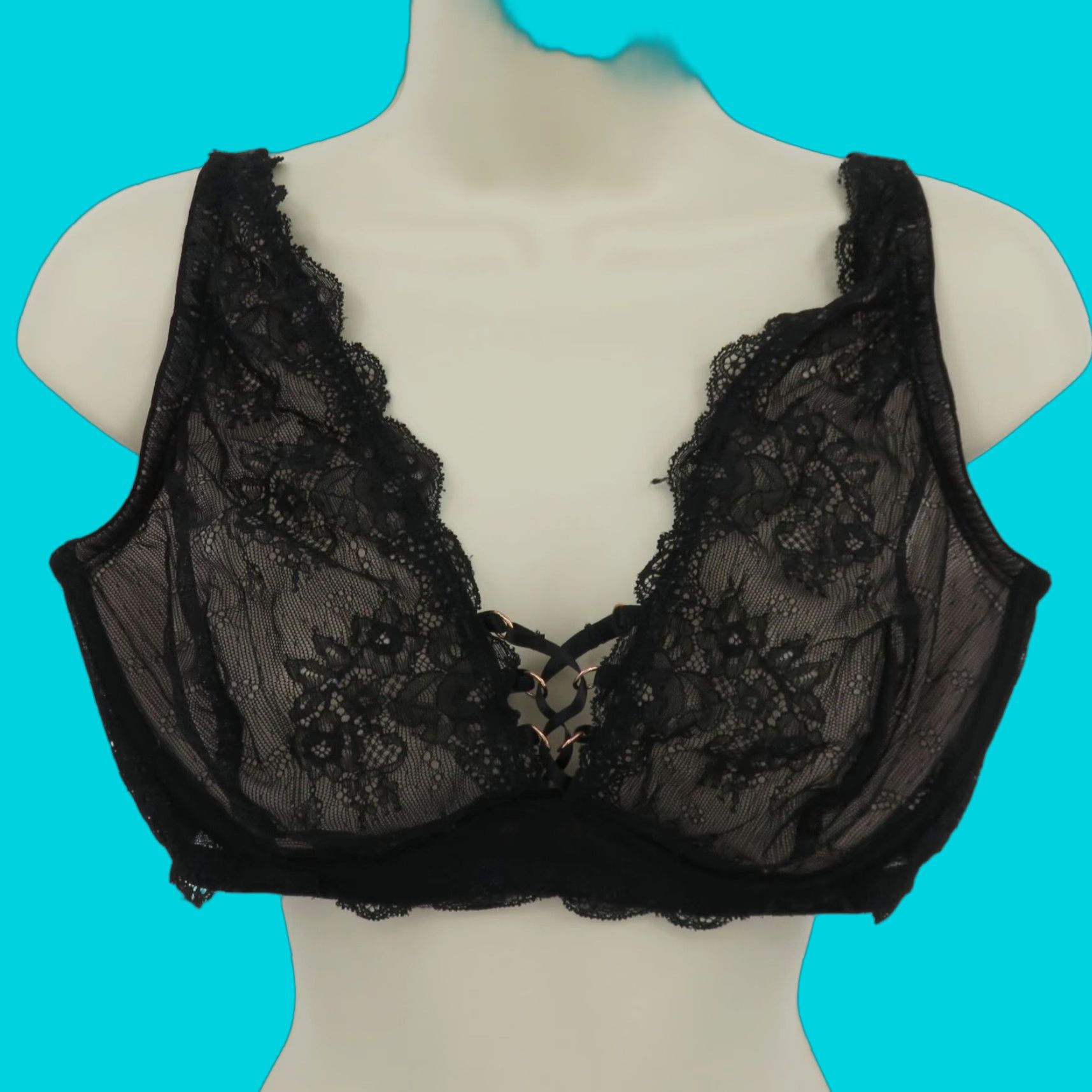 Vintage Smart & Sexy Bra 38D SA1225 Black Floral Flower Lace Underwire Unlined Lace Up Size ONE SIZE - 1 Thumbnail