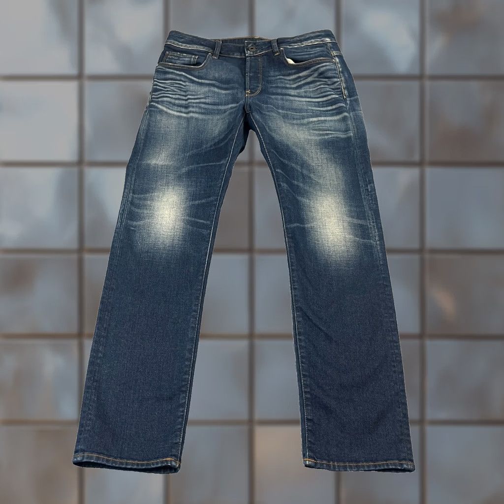 G-Star G Star 3301 Slim Jeans Mens 32 Dark Wash Blue Whiskers Stretch Denim 5-Pocket Size US 32 / EU 48 - 1 Thumbnail