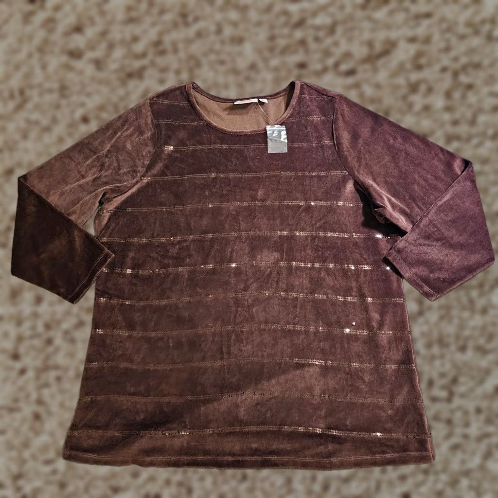 Quacker Factory Quacker Factory Sweater Womens 2X Brown Sequin Stripe Velour Casual Basic Pullover Shirt Size XXL / US 16-18 / IT 52-54 - 1 Thumbnail