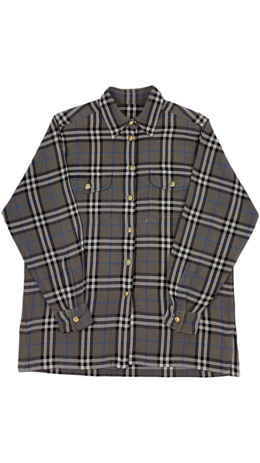 image of Burberry x Vintage Vintage Plaid Tartan Gold Buttons Heavy Old Shirt in Grey, Women's (Size Large)
