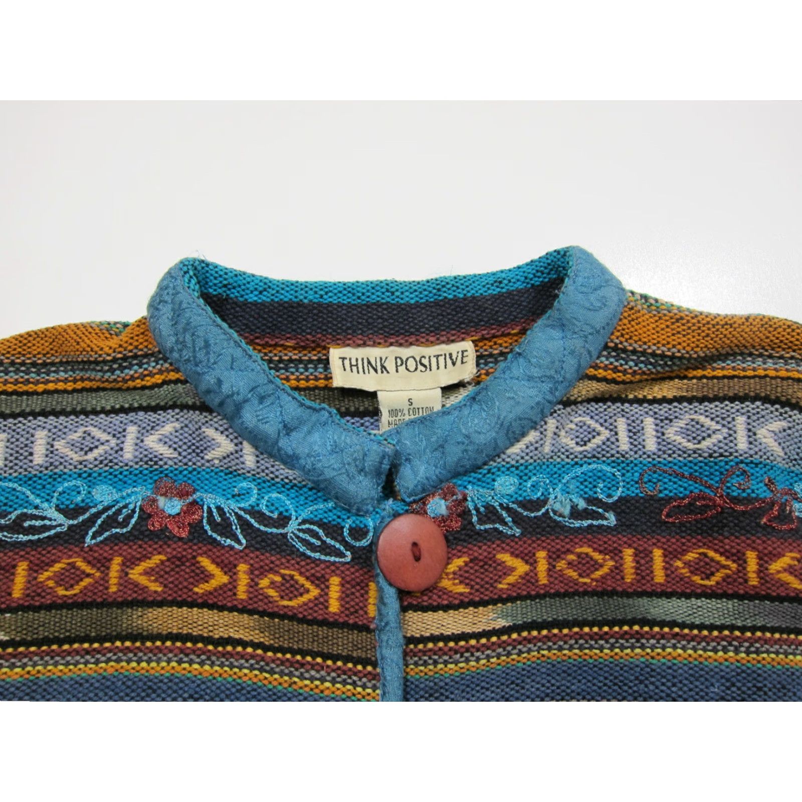 Vintage VINTAGE Think Positive Woven Cotton Blue Orange Ethnic Button-Down Jacket Women Small Size S / US 4 / IT 40 - 4 Thumbnail