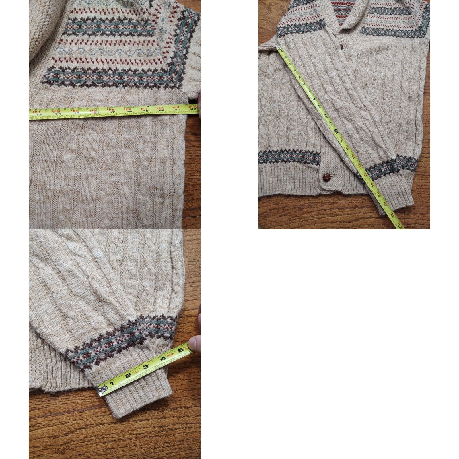 MILLY VINTAGE The Woolen Mill Cardigan Mens L Tan Knit Cable-Knit Striped Fisherman Button Sweater United States Size US L / EU 52-54 / 3 - 8 Thumbnail