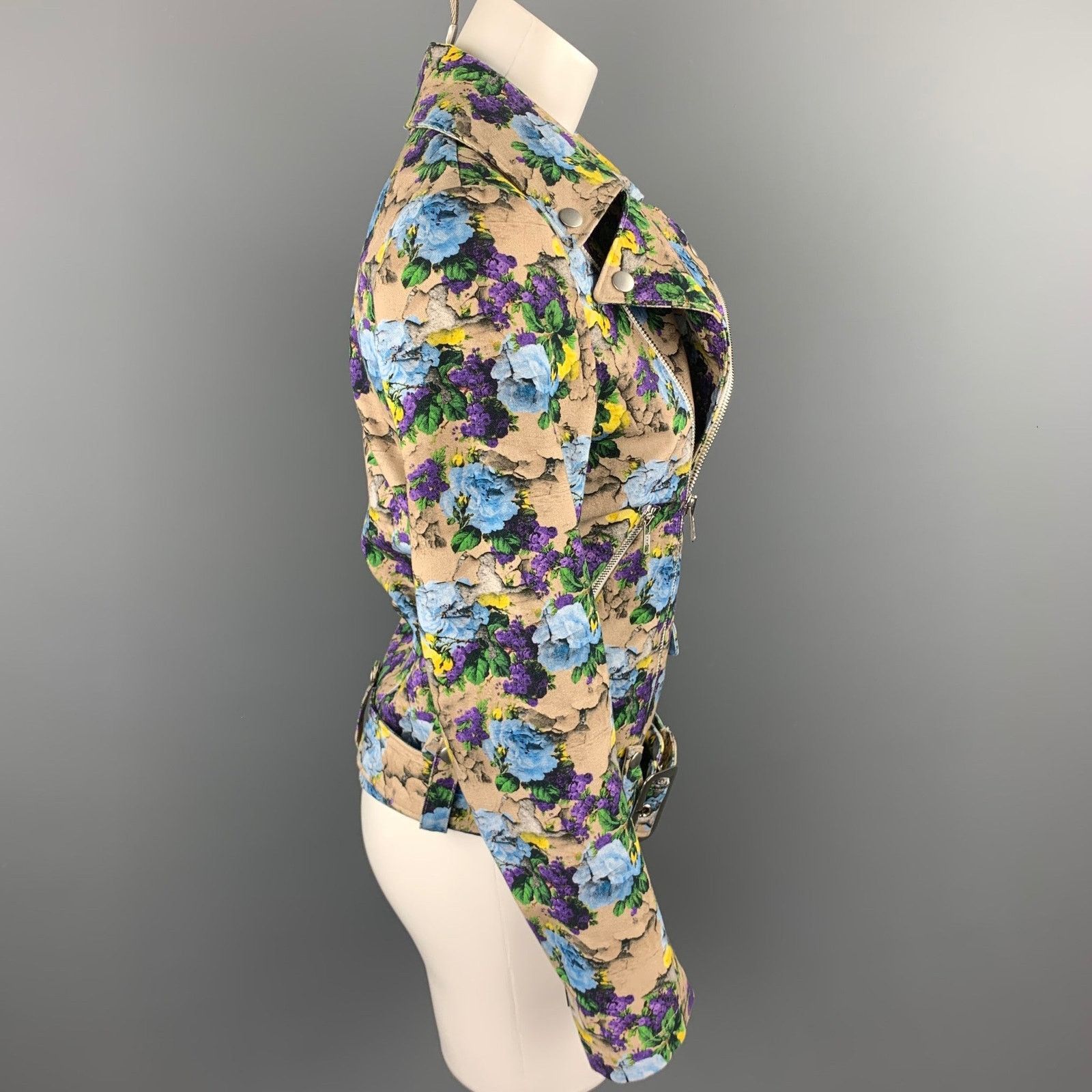MSGM MSGM Size 4 Khaki & Purple Floral Cotton Biker Jacket Size S / US 4 / IT 40 - 3 Thumbnail