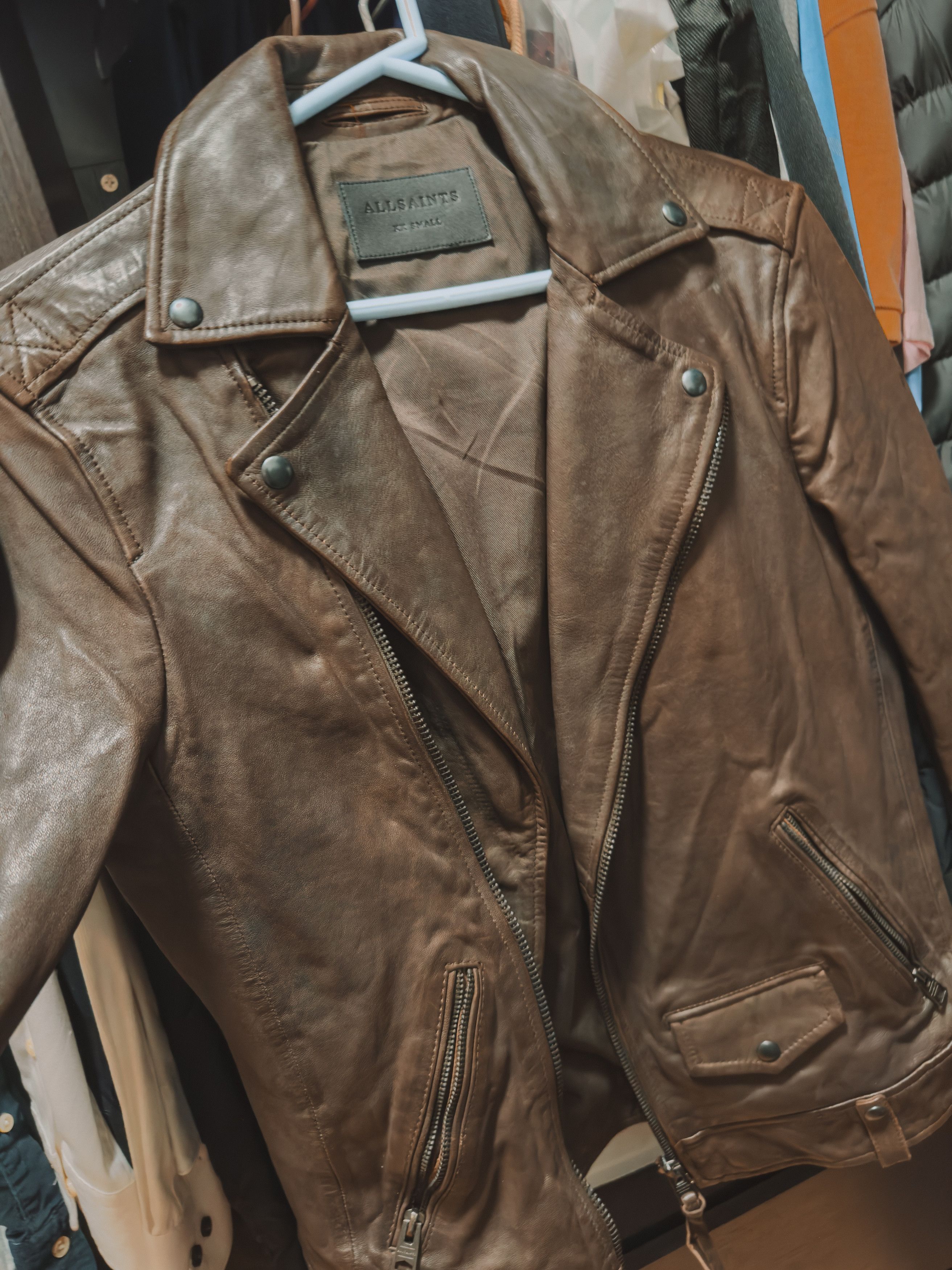 Allsaints ALLSAINTS Axis Leather Biker Jacket in Dark Brown Size US XXS / EU 40 - 1 Thumbnail