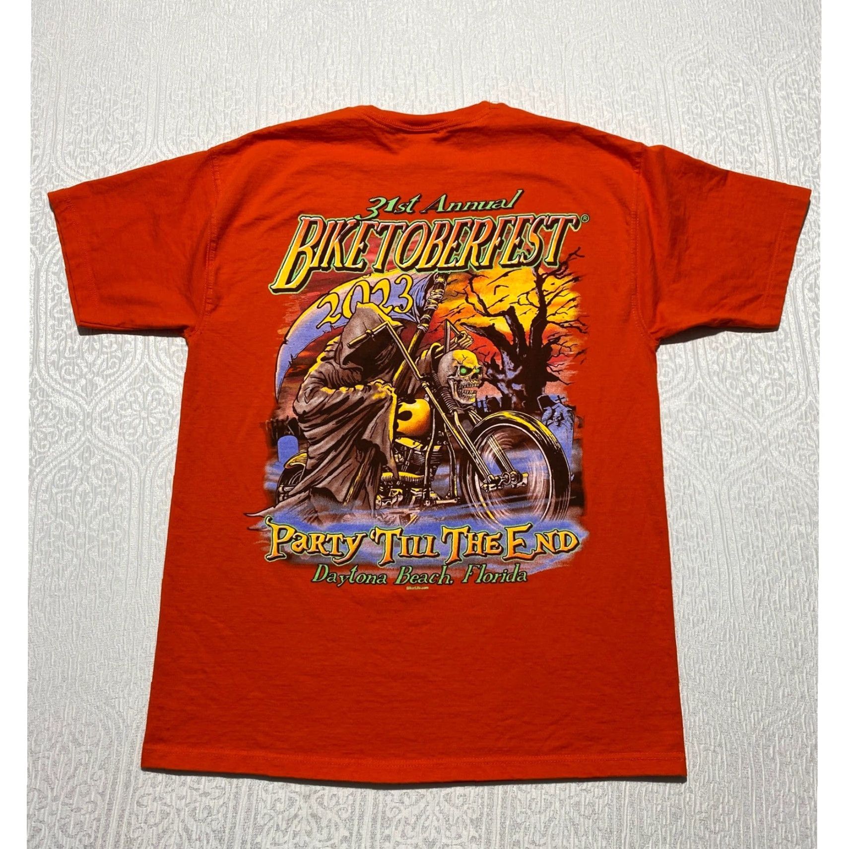 Jerzees VINTAGE Jerzees Biketoberfest 2023 Daytona Beach Florida Orange Biker T-Shirt Mens M Size US M / EU 48-50 / 2 - 2 Thumbnail