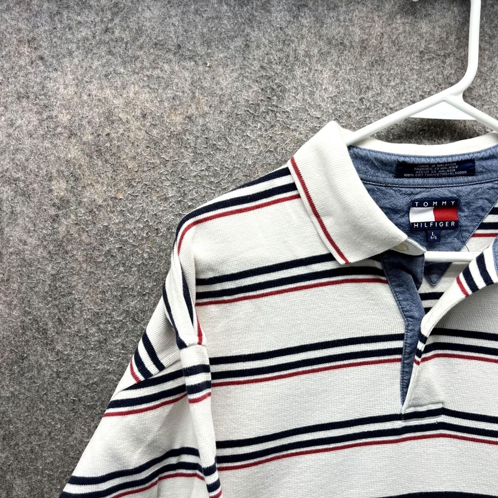Tommy Hilfiger Tommy Hilfiger Polo Shirt Mens L White Stripe Chambray Collar Short Sleeve Size US L / EU 52-54 / 3 - 4 Thumbnail