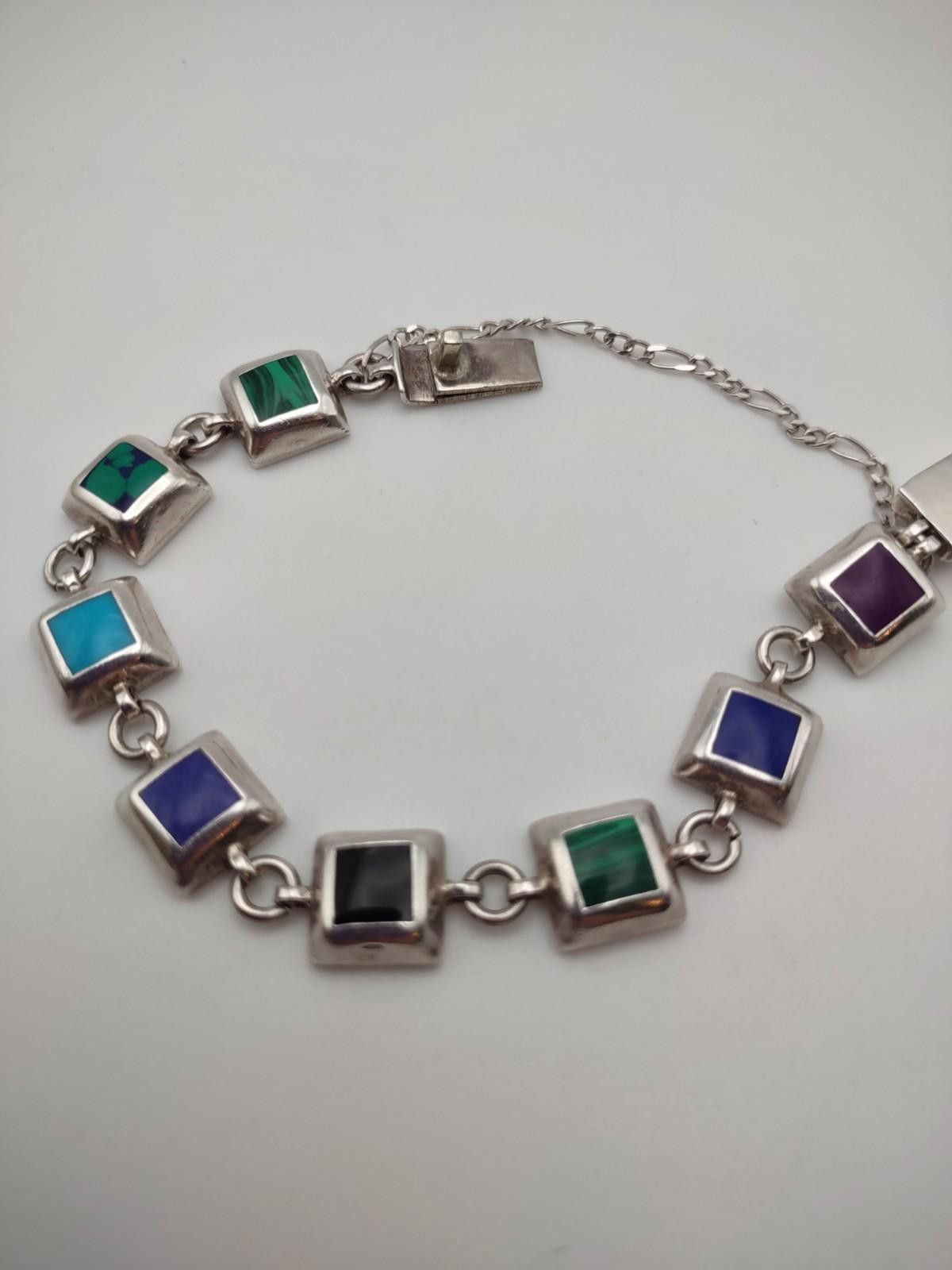 The Unbranded Brand Vintage Mexico 925 Sterling Multi Stone Inlay Bracelet Size ONE SIZE - 1 Thumbnail