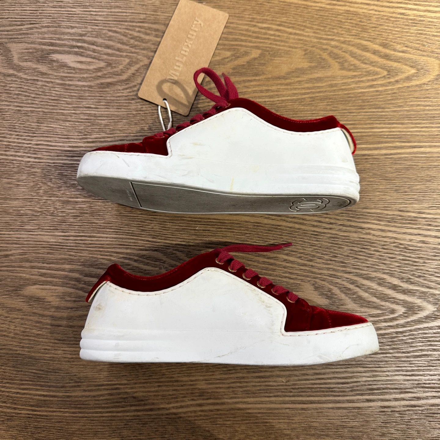 Chanel Chanel feb156 velvet red-white logo sneakers women's Size US 4 / IT 34 - 4 Thumbnail